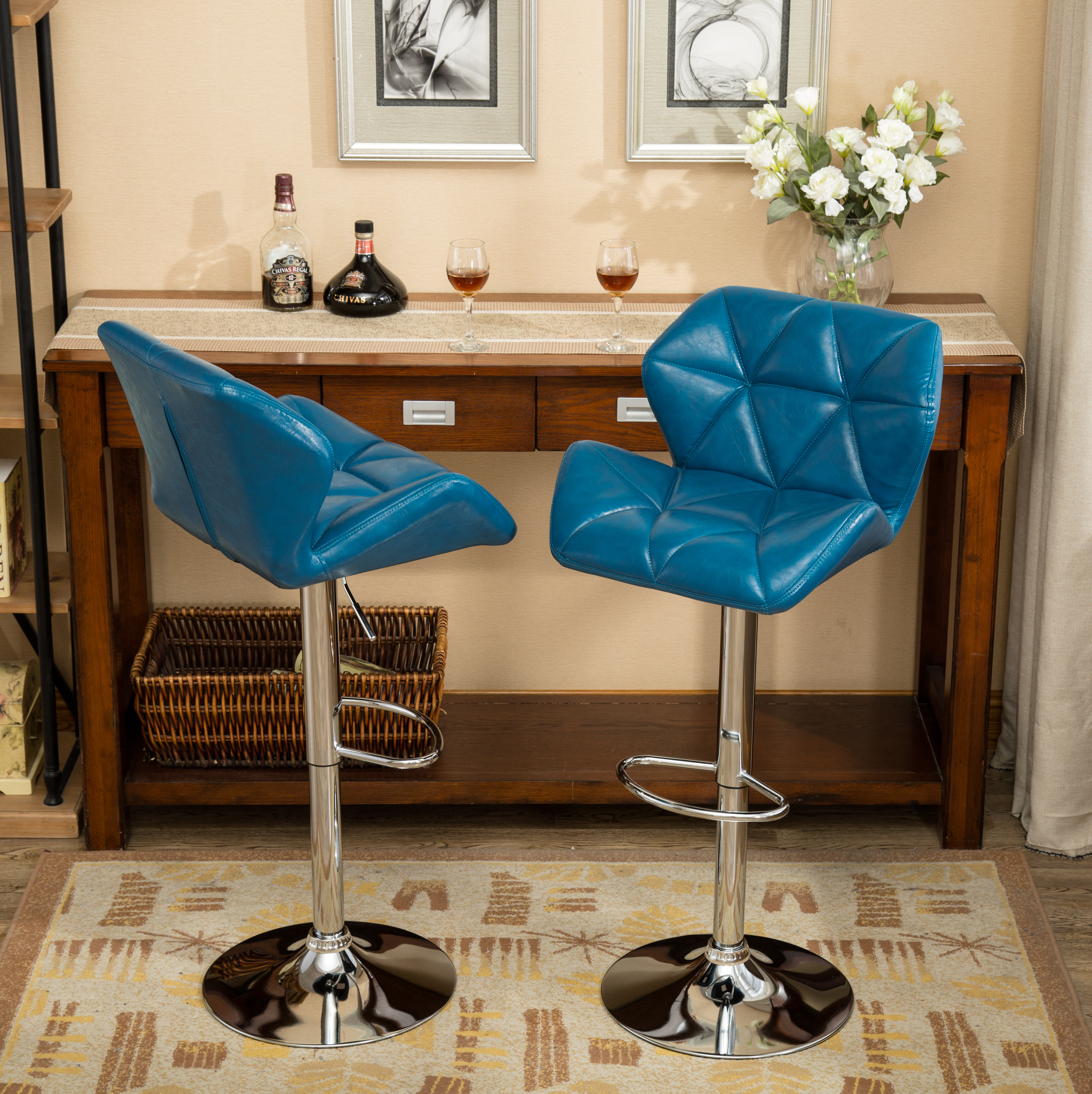 Glasgow Contemporary Tufted Adjustable Height Hidraulic Bar Stools, Set of 2, Blue