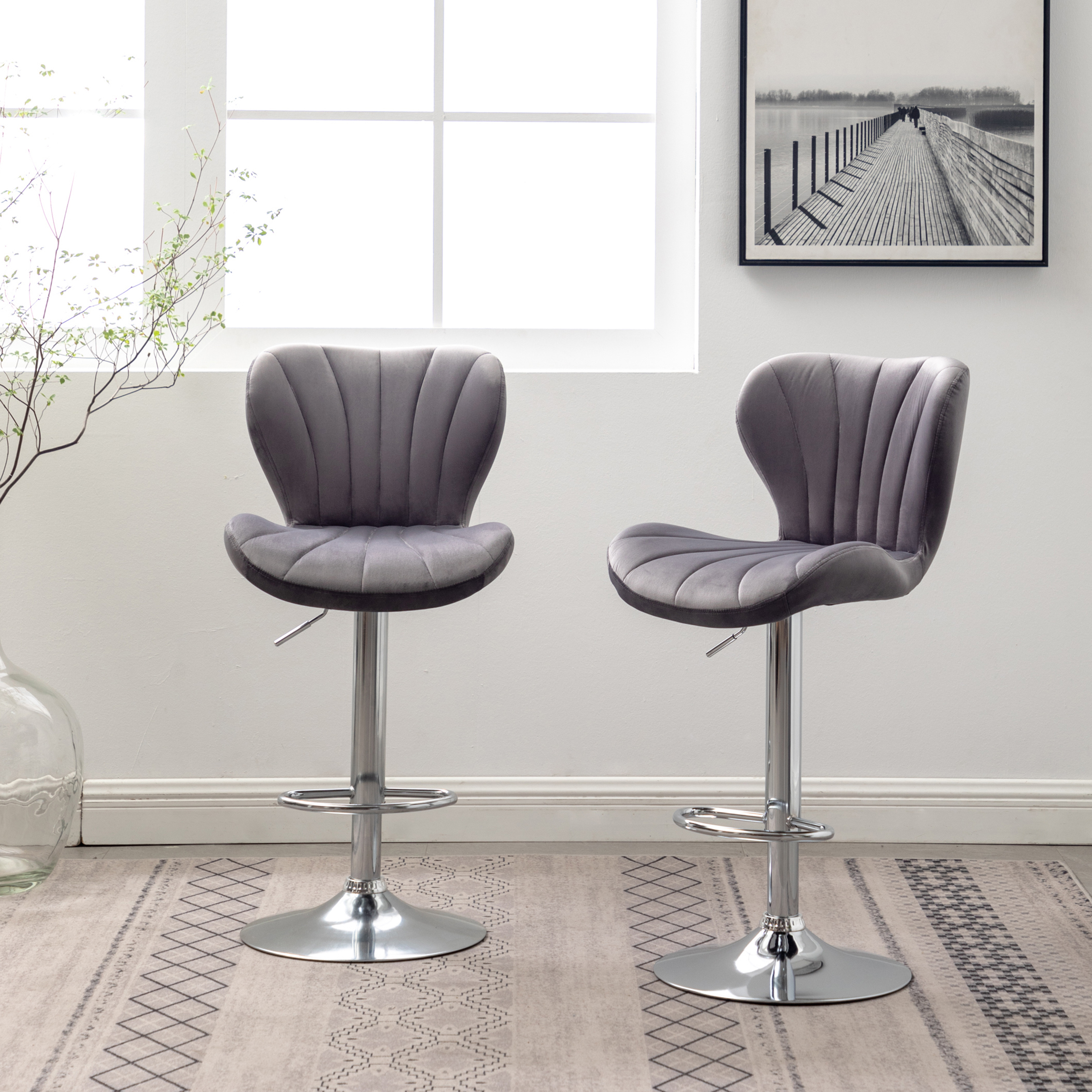 Ellston Upholstered Adjustable Swivel Barstools in Gray, Set of 2