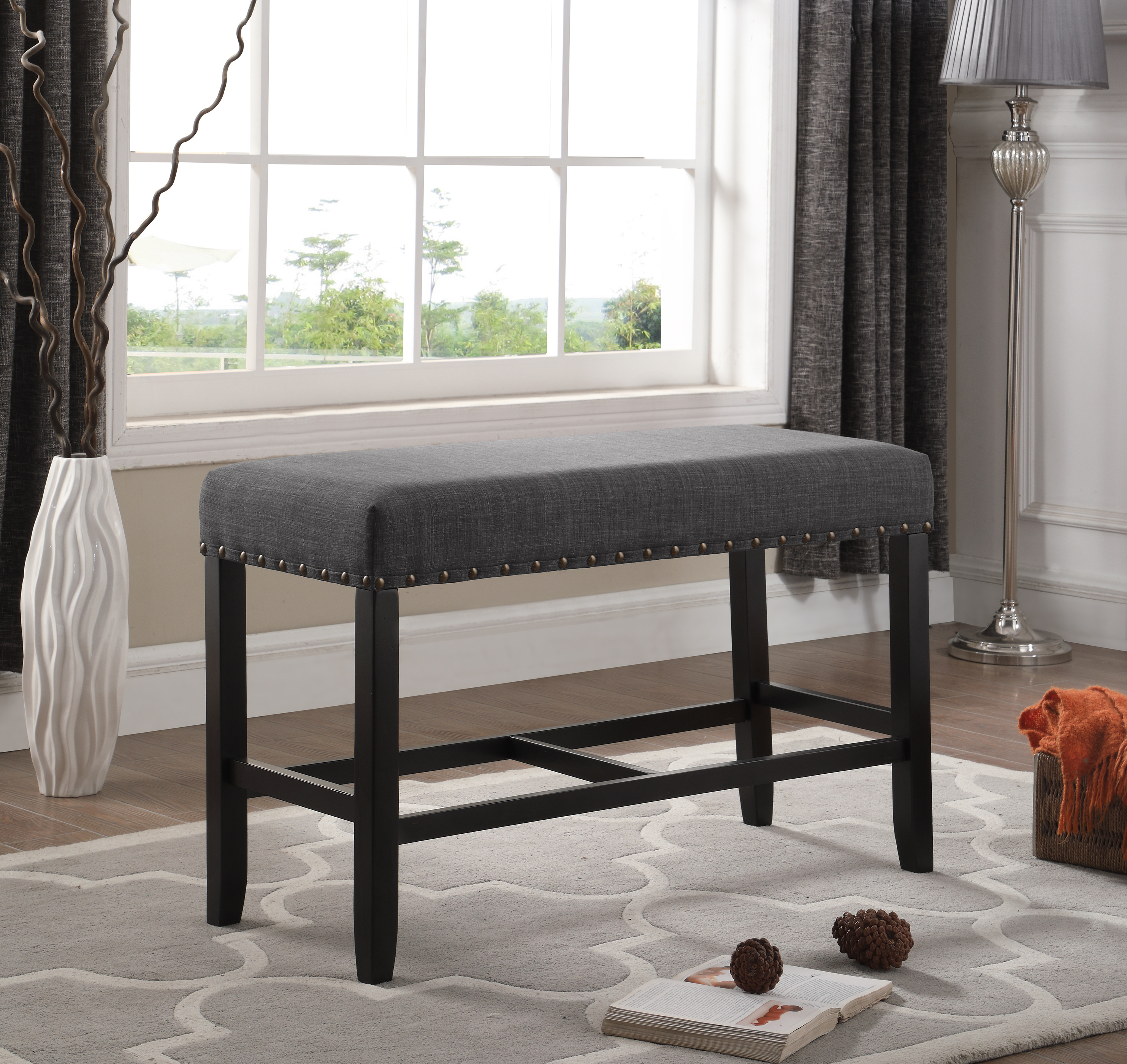 Biony Fabric Counter Height Dining Bench with Nailhead Trim, Grey