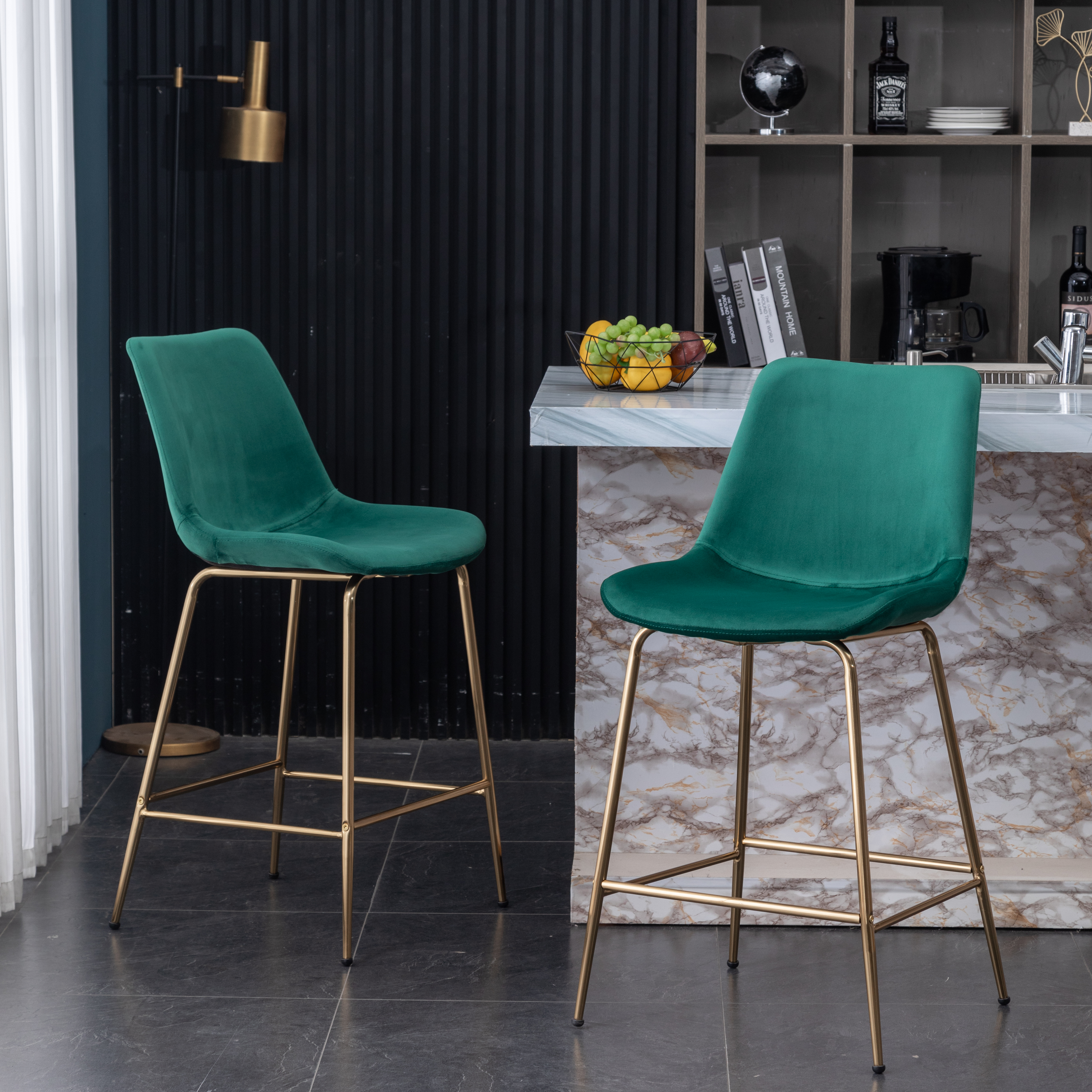 Aufurr Modern Velvet 26.50 Counter Height Stool, Set of 2, Green