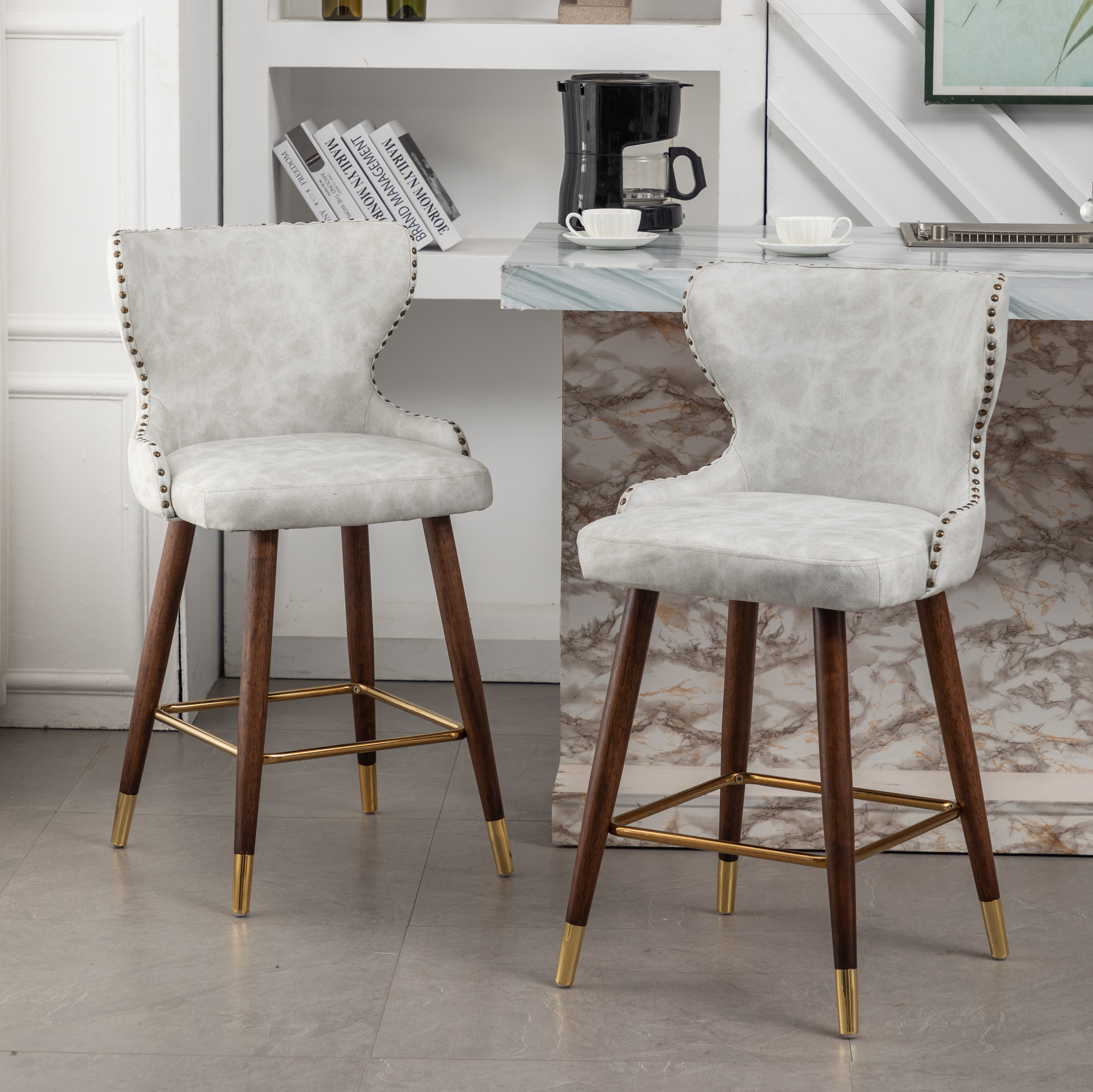 Nevis Mid-century Modern Faux Leather Tufted Nailhead Trim Counter Stool Set of 2, Off-White