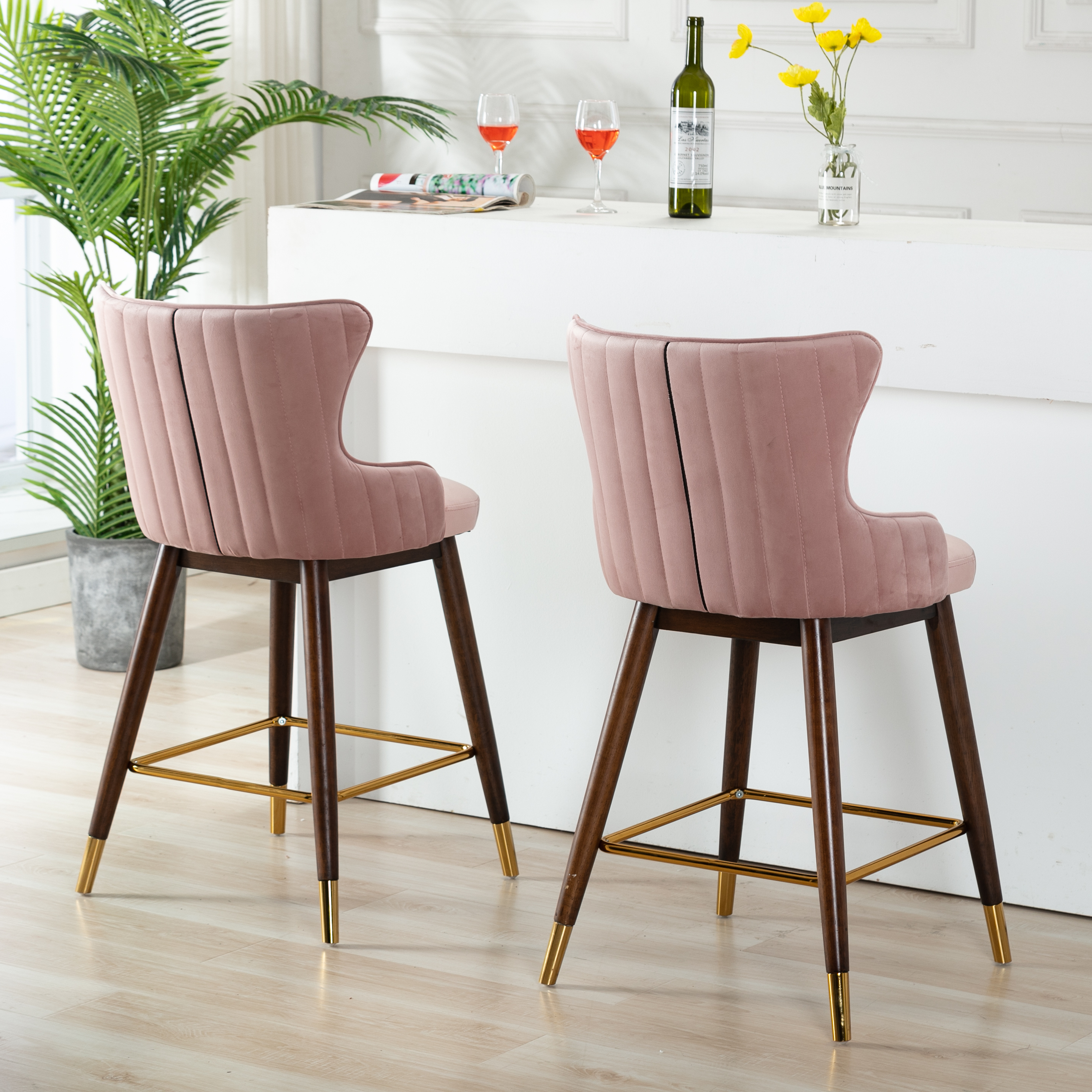 Leland Fabric Upholstered Counter Height Wingback Stools, Set of 2, Pink