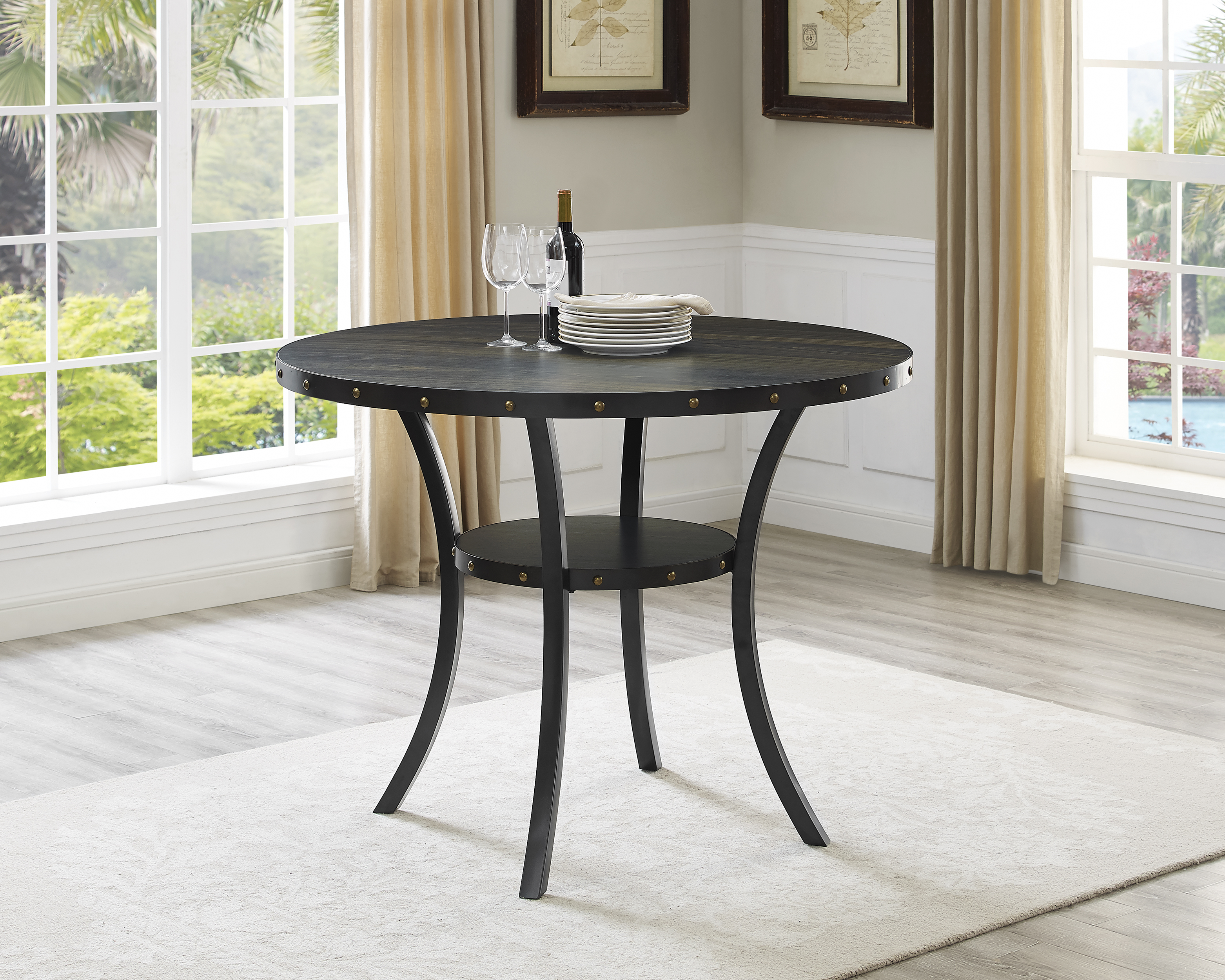 Biony Dining Collection Espresso Wood Counter Height Nailhead Round Dining Table