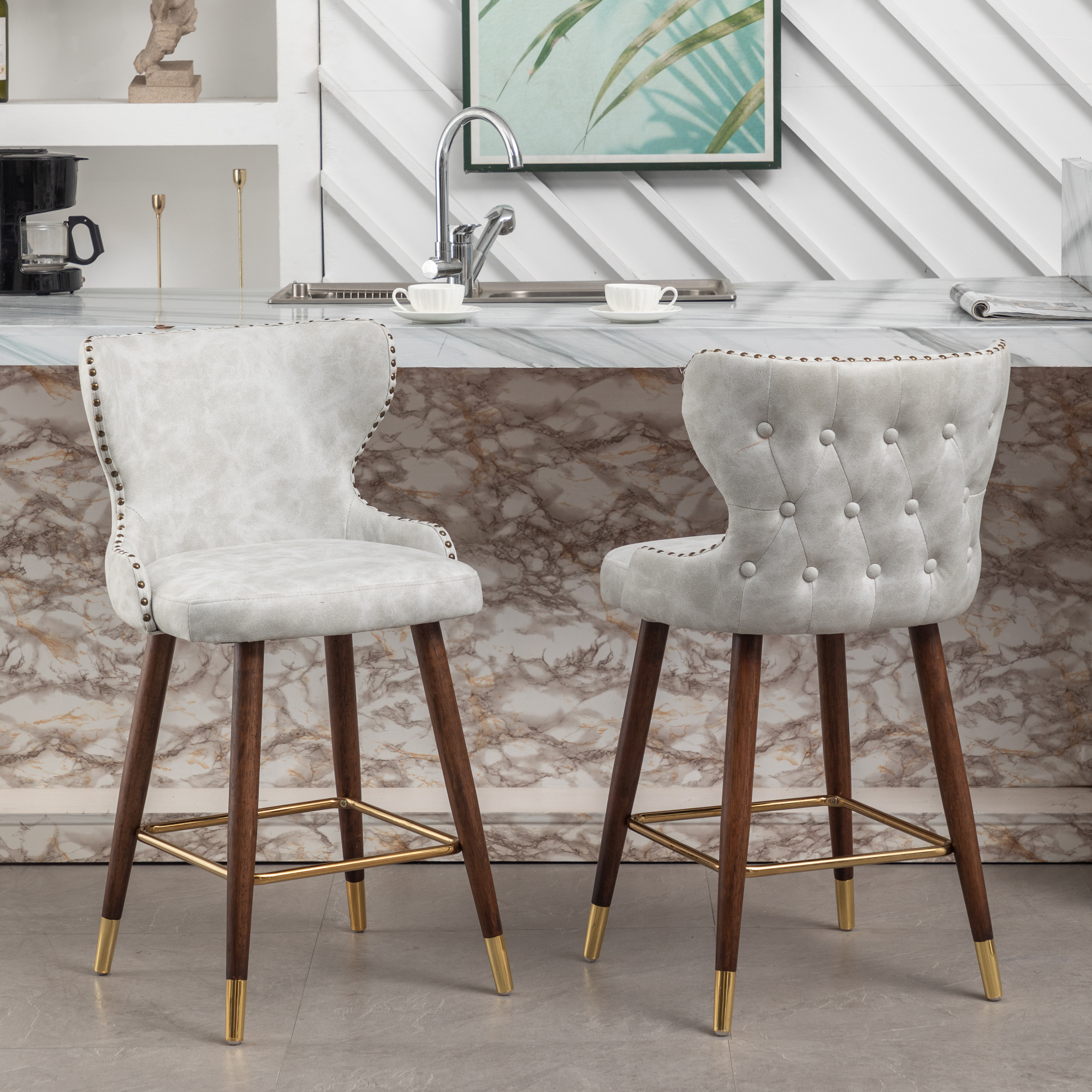 Nevis Mid-century Modern Faux Leather Tufted Nailhead Trim Counter Stool Set of 2, Off-White