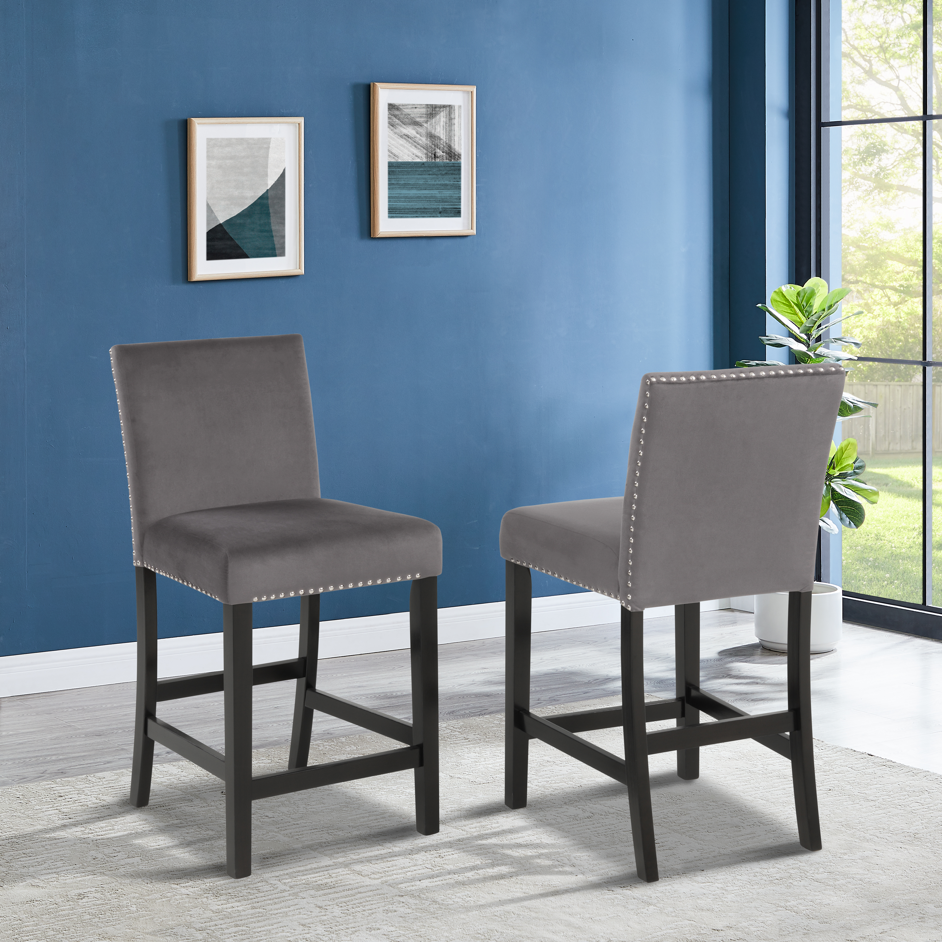 Cobre Contemporary Velvet Counter Stool with Nailhead Trim, Set of 2, Gray