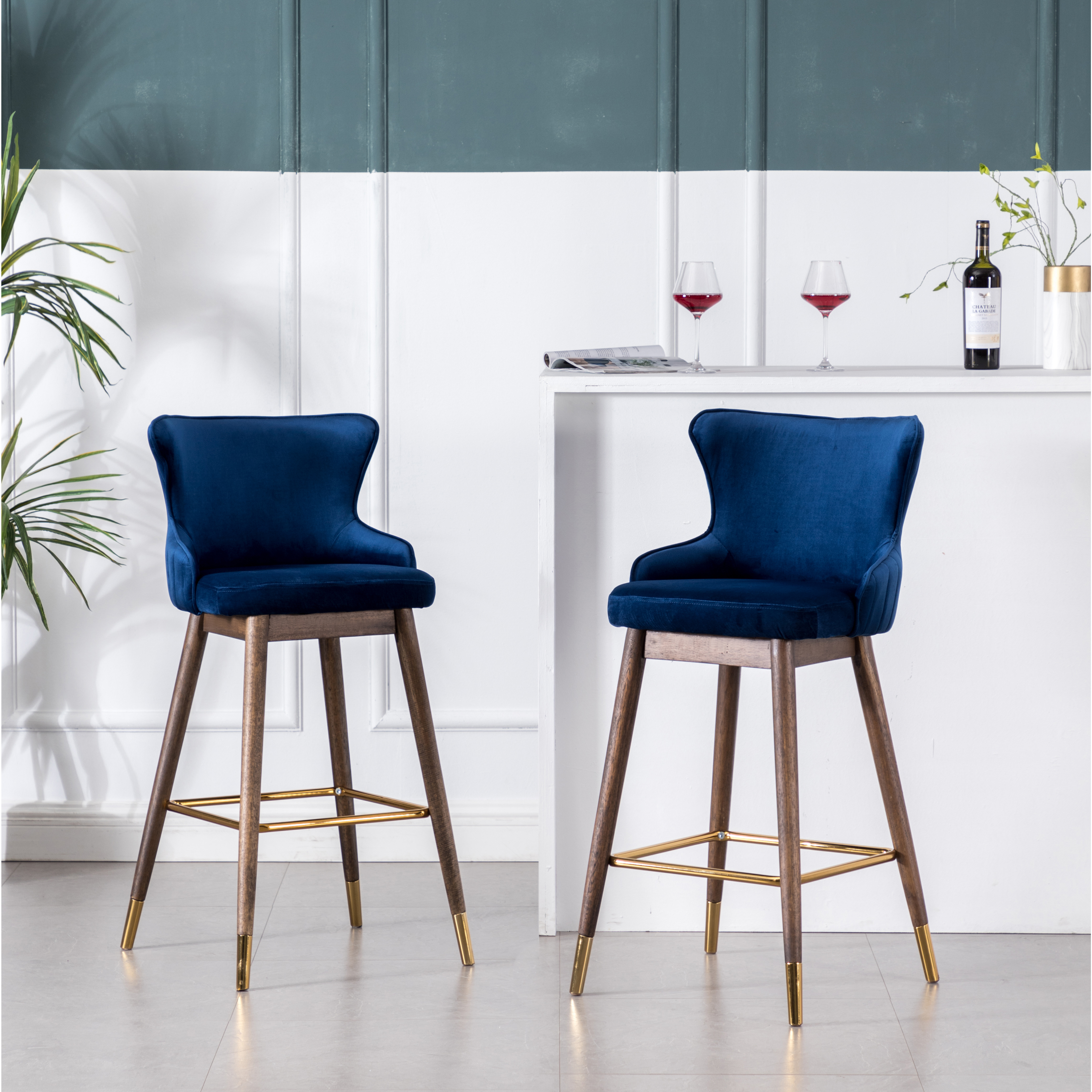 Leland Fabric Upholstered Wingback Bar Stools, Set of 2, Blue