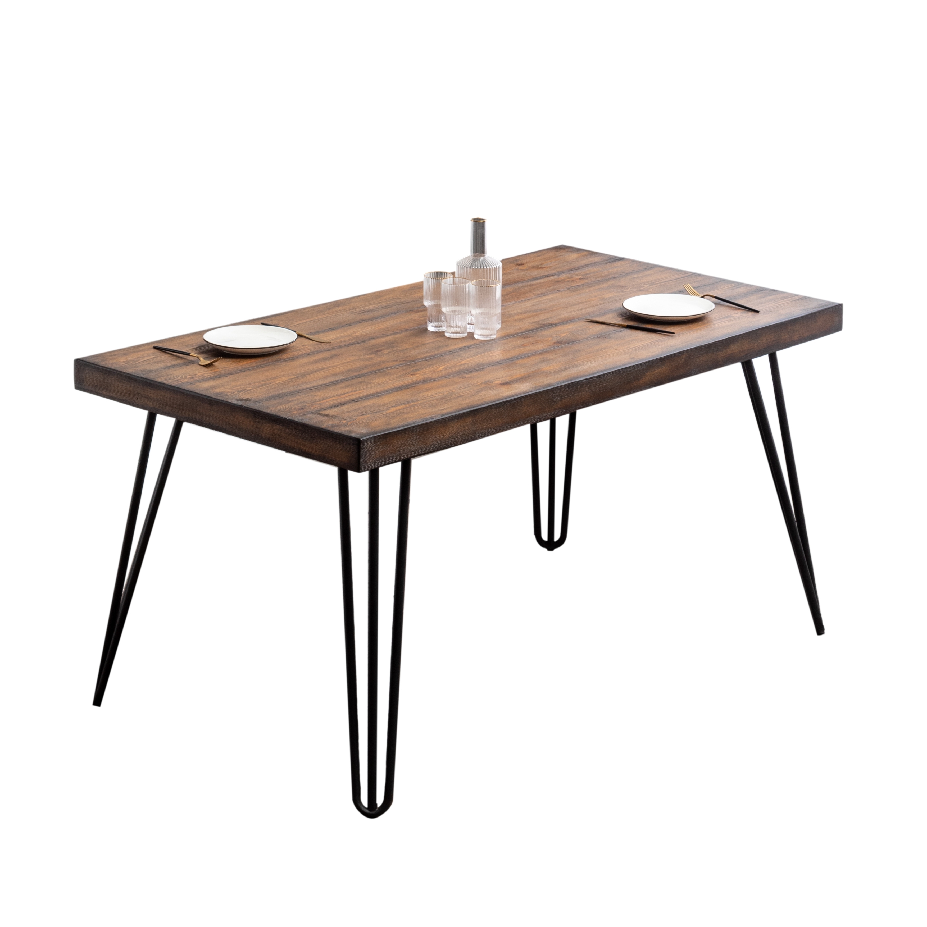 Aryven Industrial Metal Hairpin Design Dining Table, Rustic Dark Pine