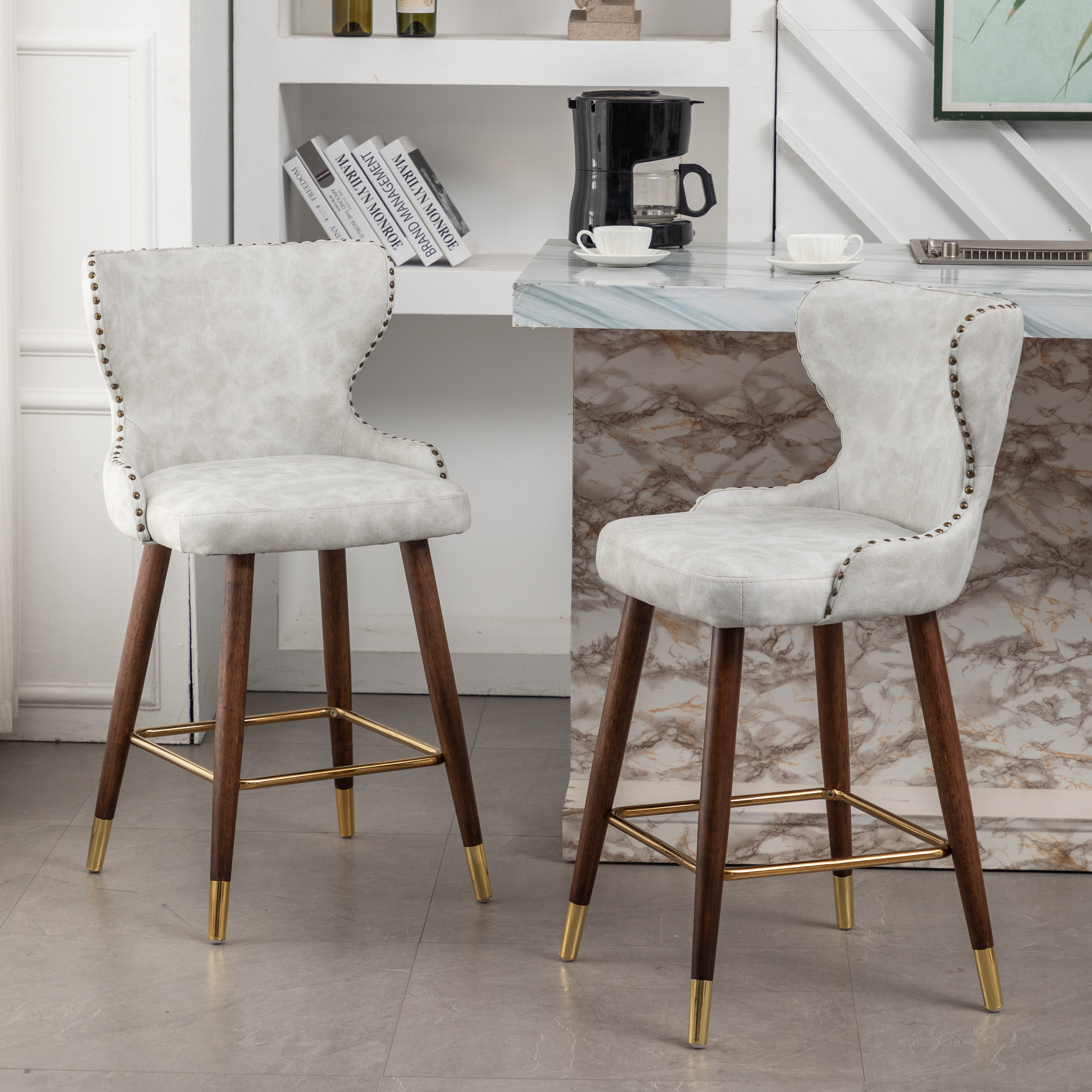 Nevis Mid-century Modern Faux Leather Tufted Nailhead Trim Counter Stool Set of 2, Off-White