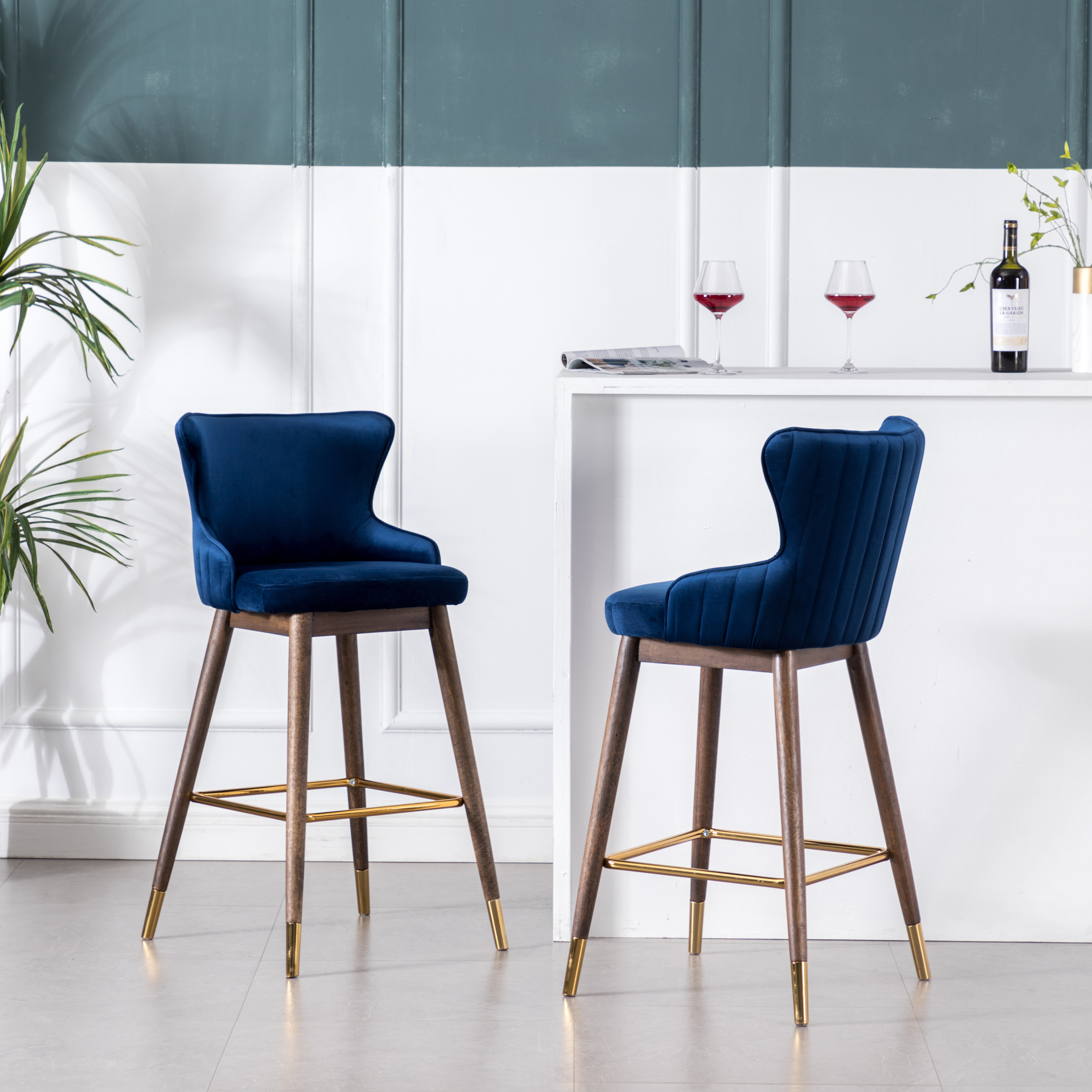 Leland Fabric Upholstered Wingback Bar Stools, Set of 2, Blue