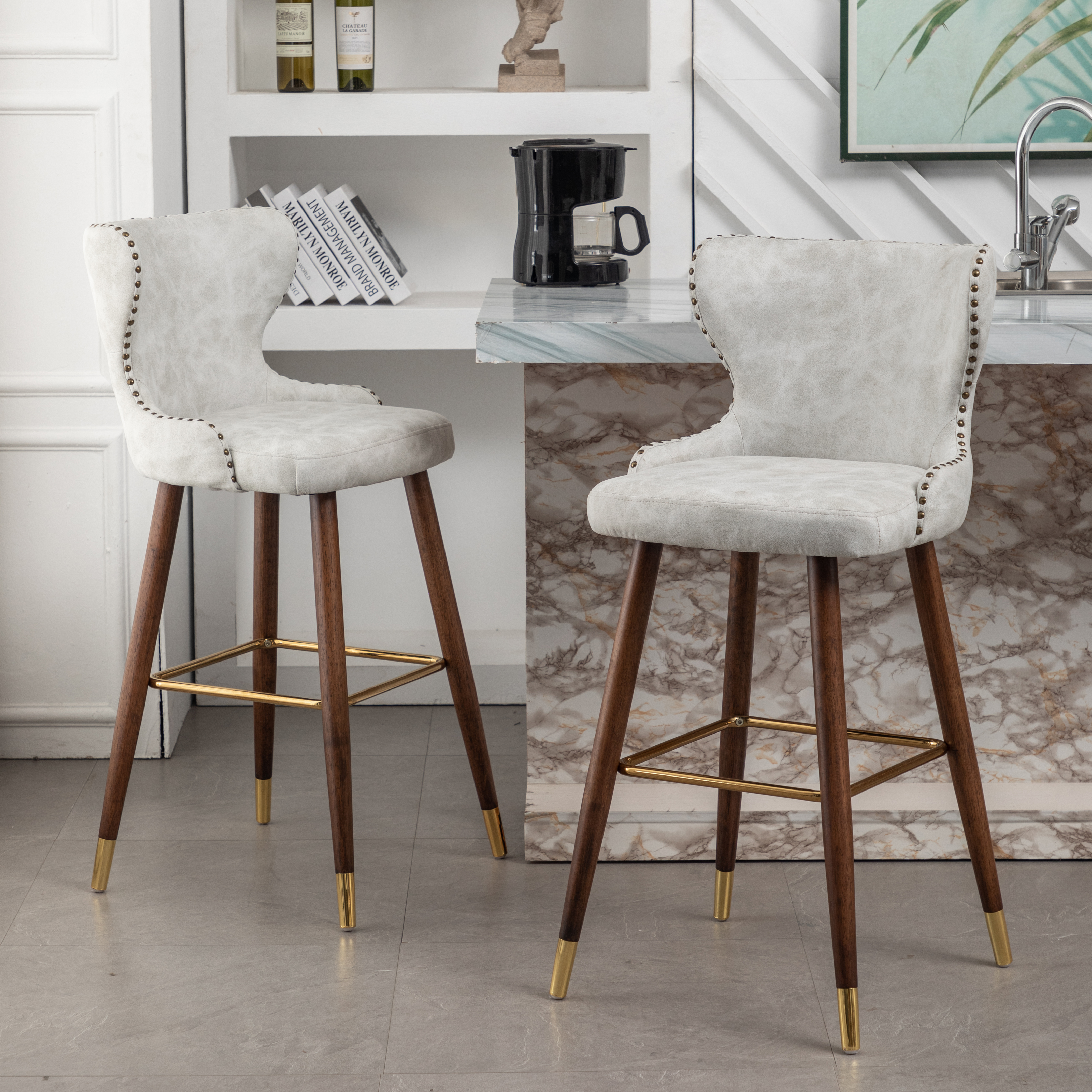 Nevis Mid-century Modern Faux Leather Tufted Nailhead Trim Barstool Set of 2, Off-White