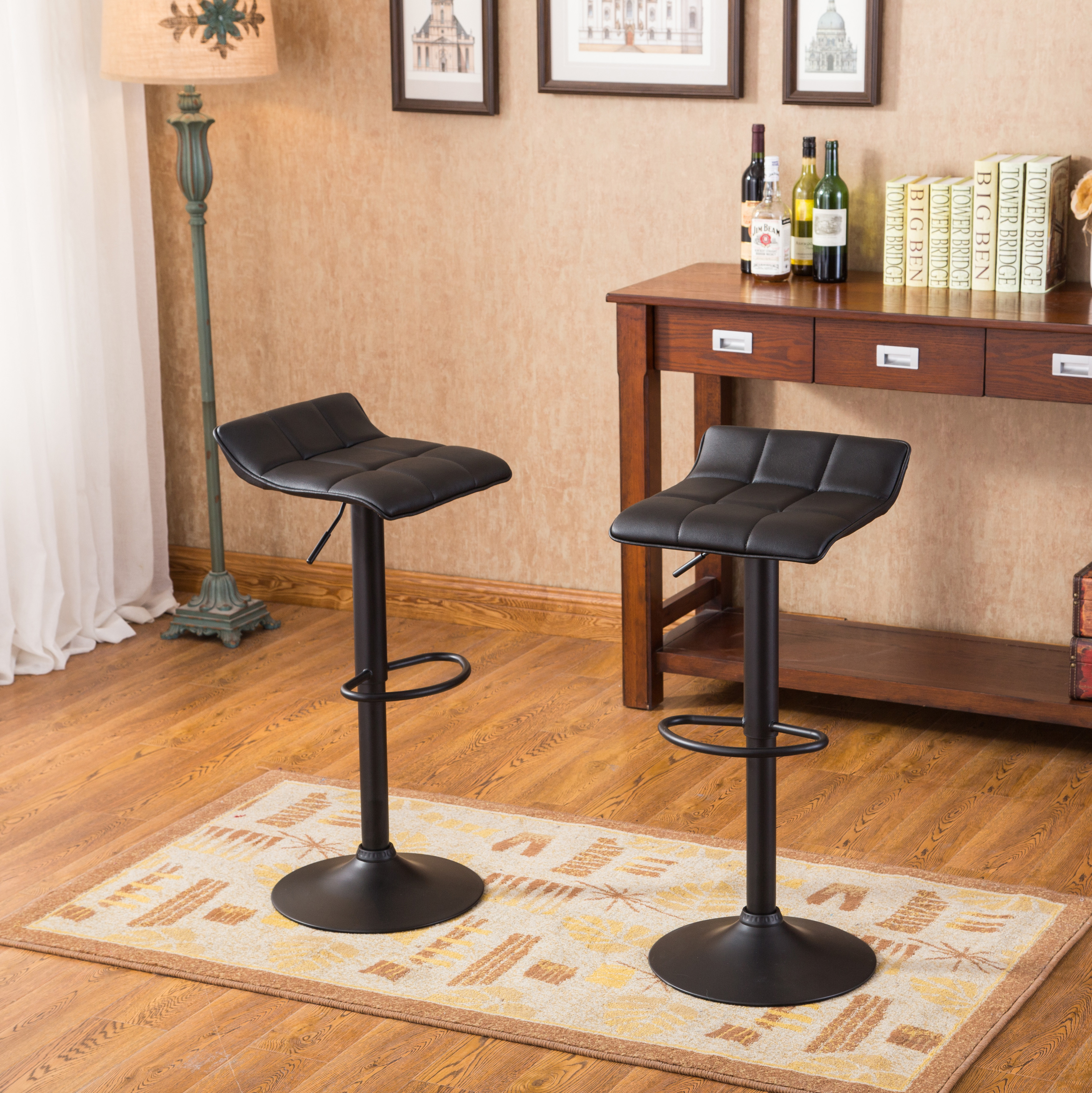 Belham Swivel Black Bonded Leather Adjustable Bar Stool, Set of 2