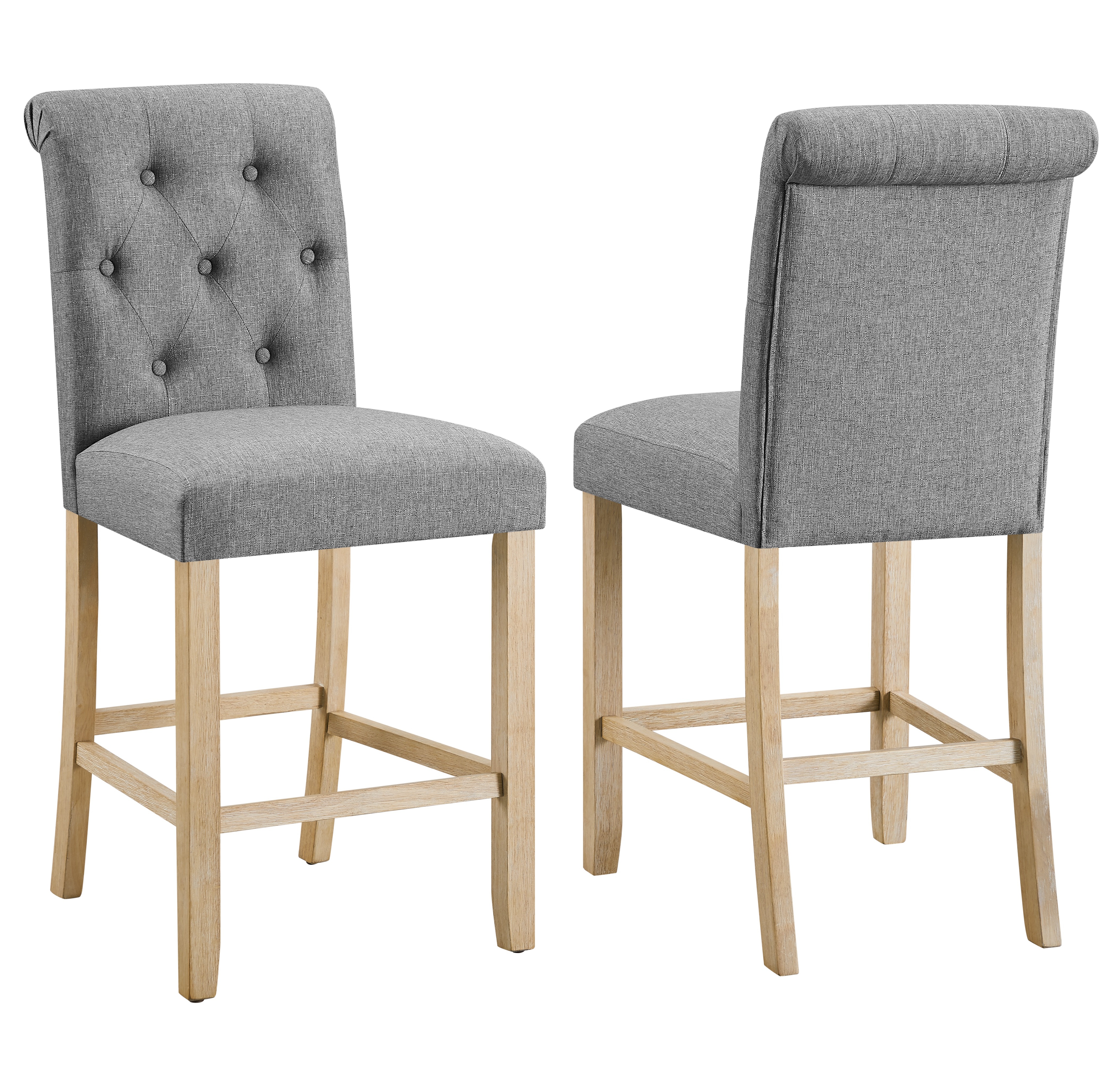 Siena Counter Height Button Tufted Back Solid Wood Stools, Set of 2, Gray