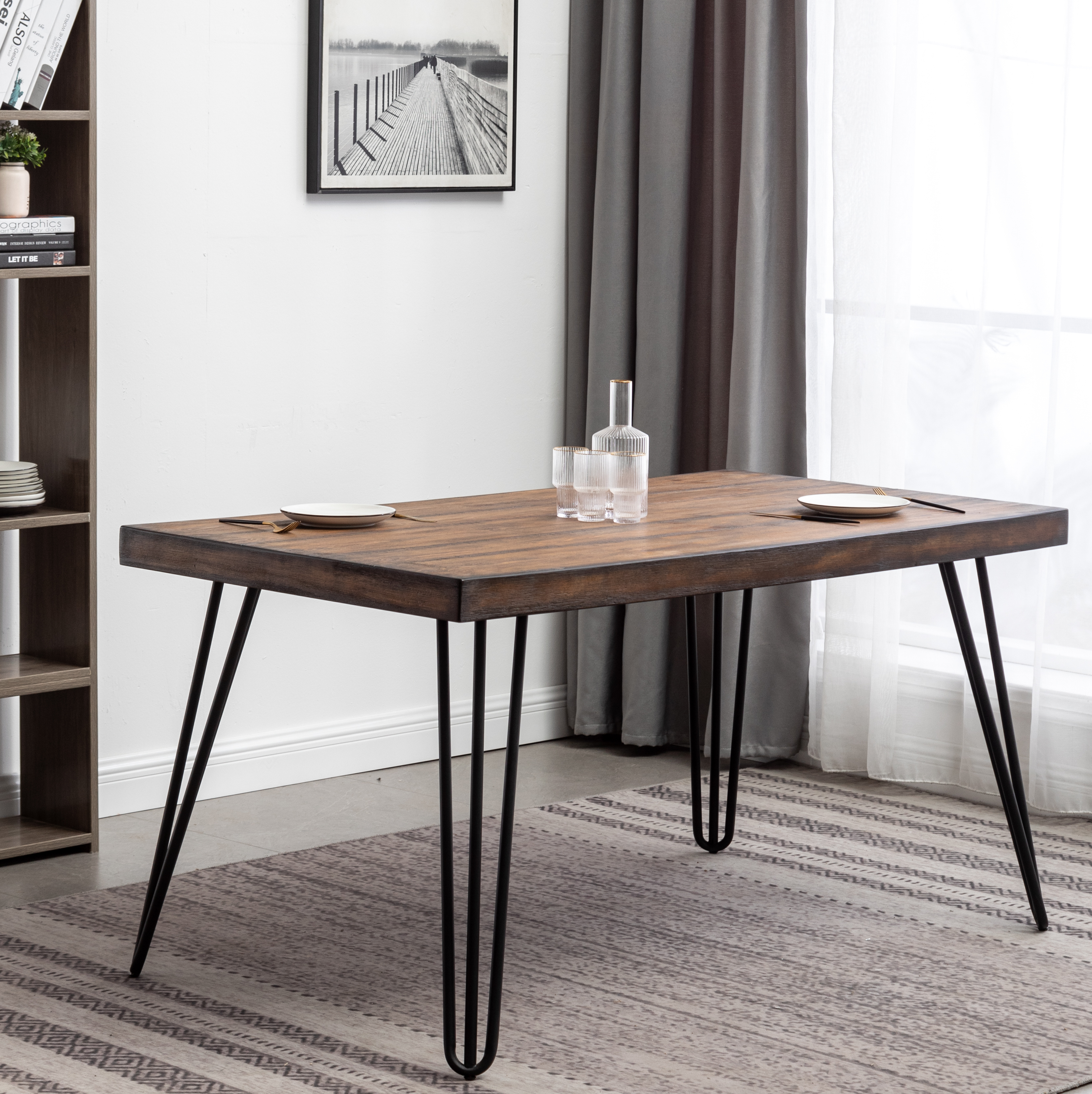 Aryven Industrial Metal Hairpin Design Dining Table, Rustic Dark Pine