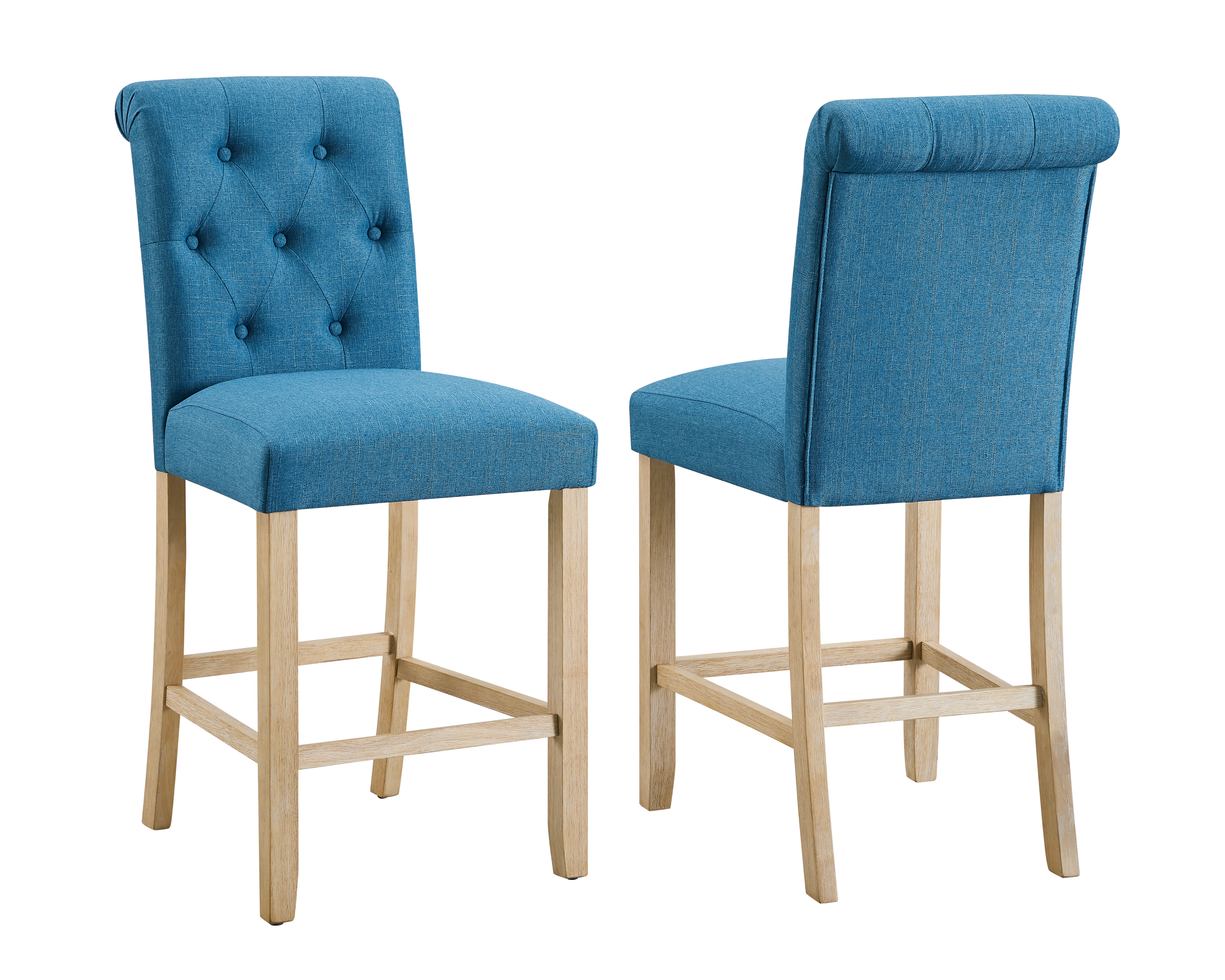 Siena Counter Height Button Tufted Back Solid Wood Stools, Set of 2, Blue