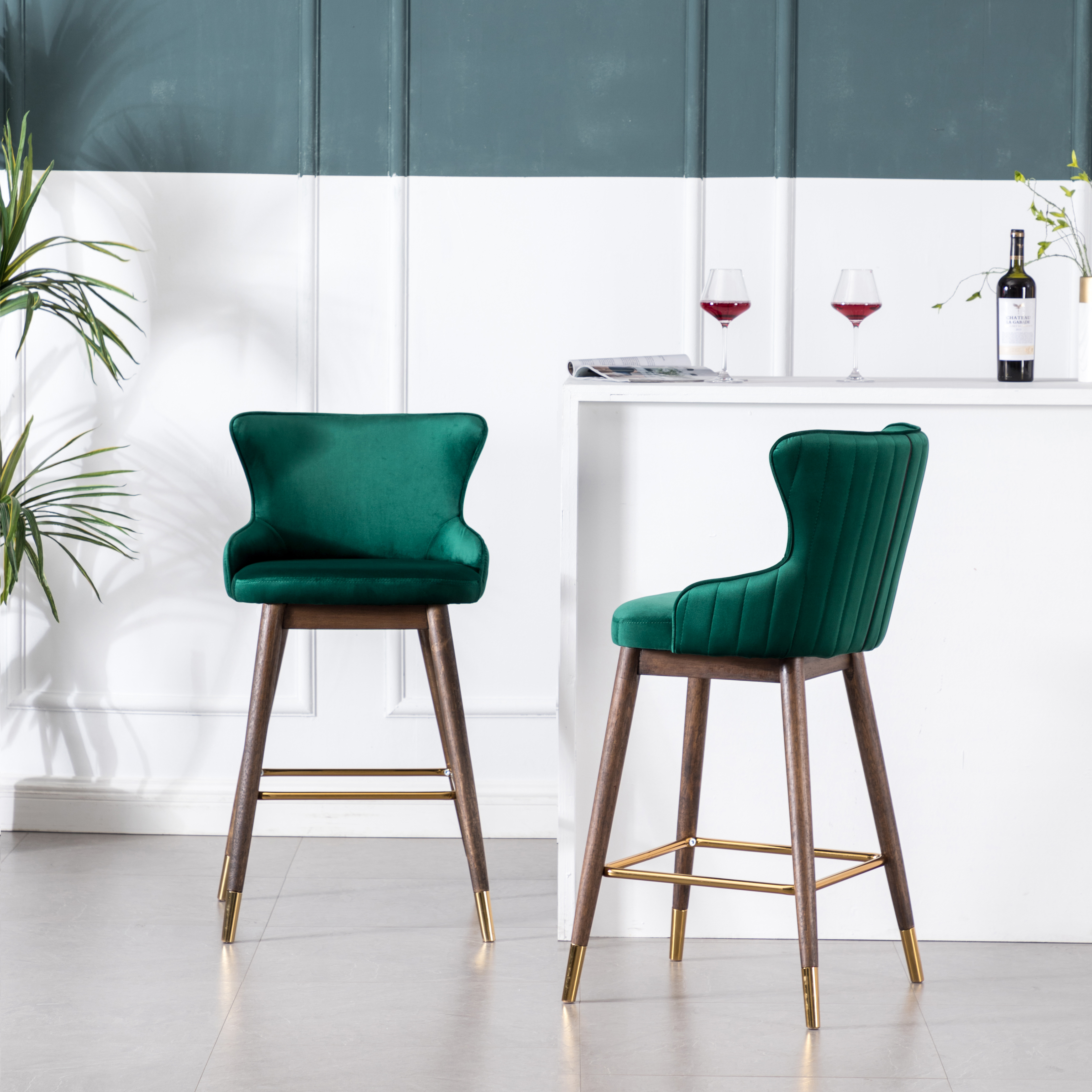 Leland Fabric Upholstered Wingback Bar Stools, Set of 2, Green