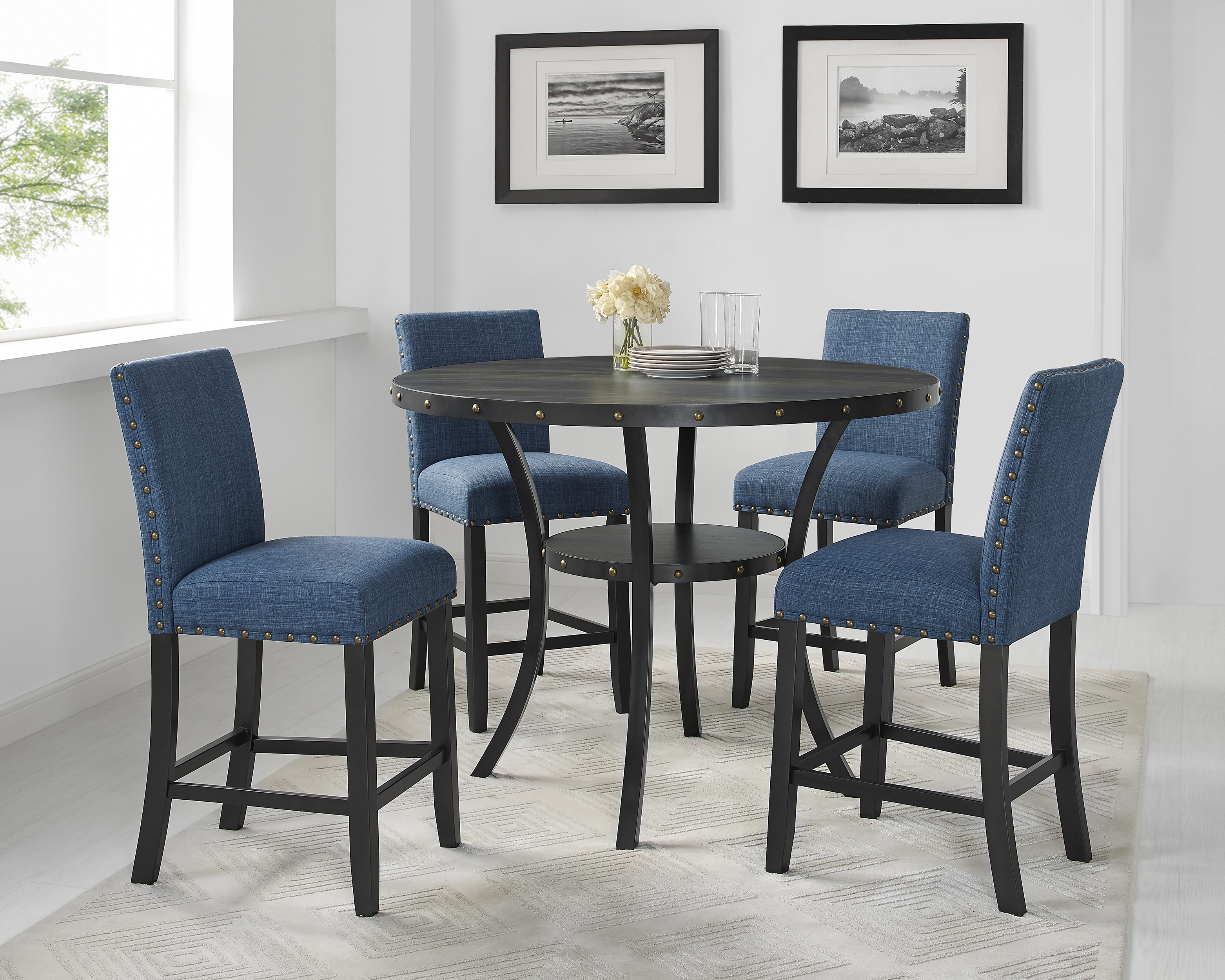 Biony Dining Collection Espresso Wood Counter Height Nailhead Round Dining Table