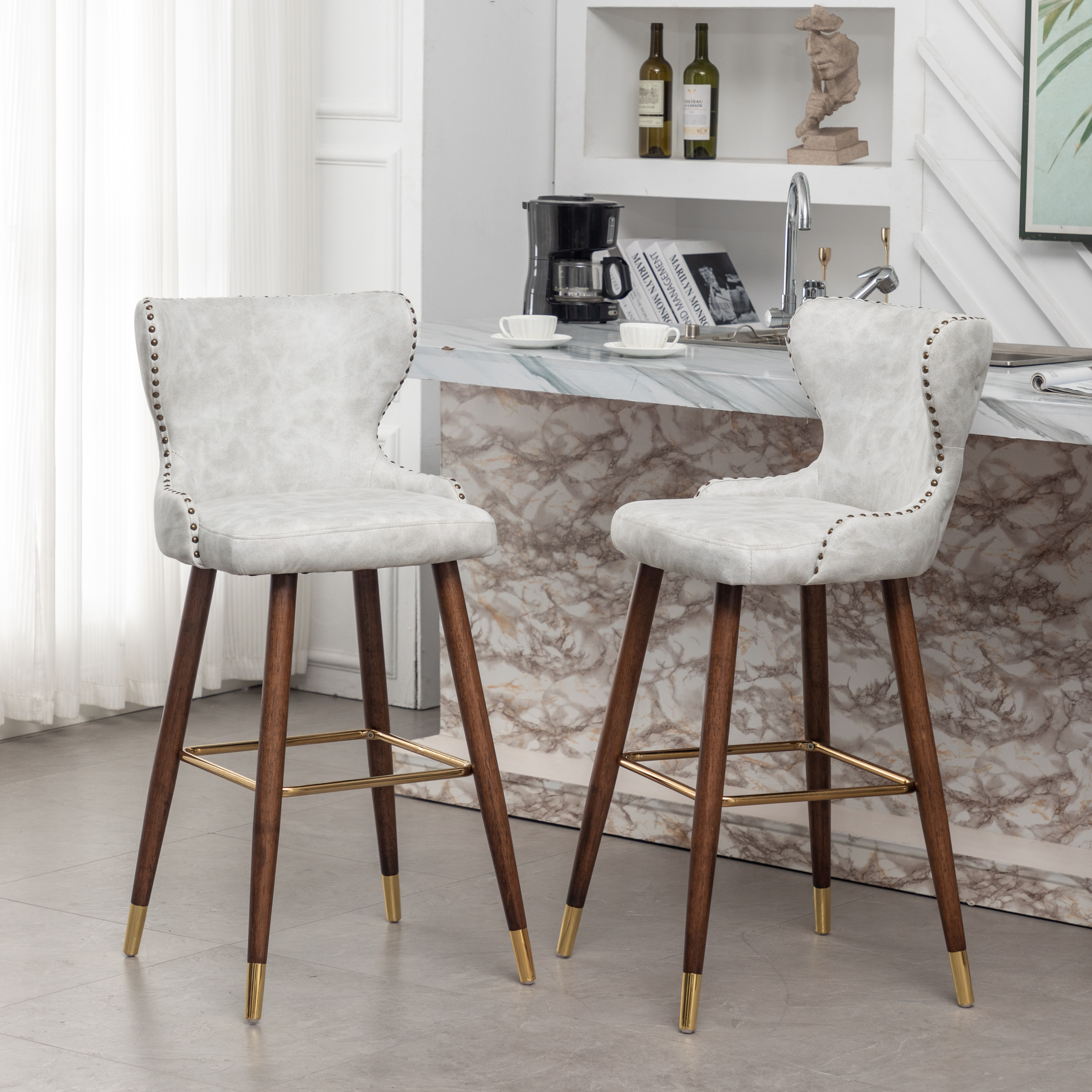 Nevis Mid-century Modern Faux Leather Tufted Nailhead Trim Barstool Set of 2, Off-White