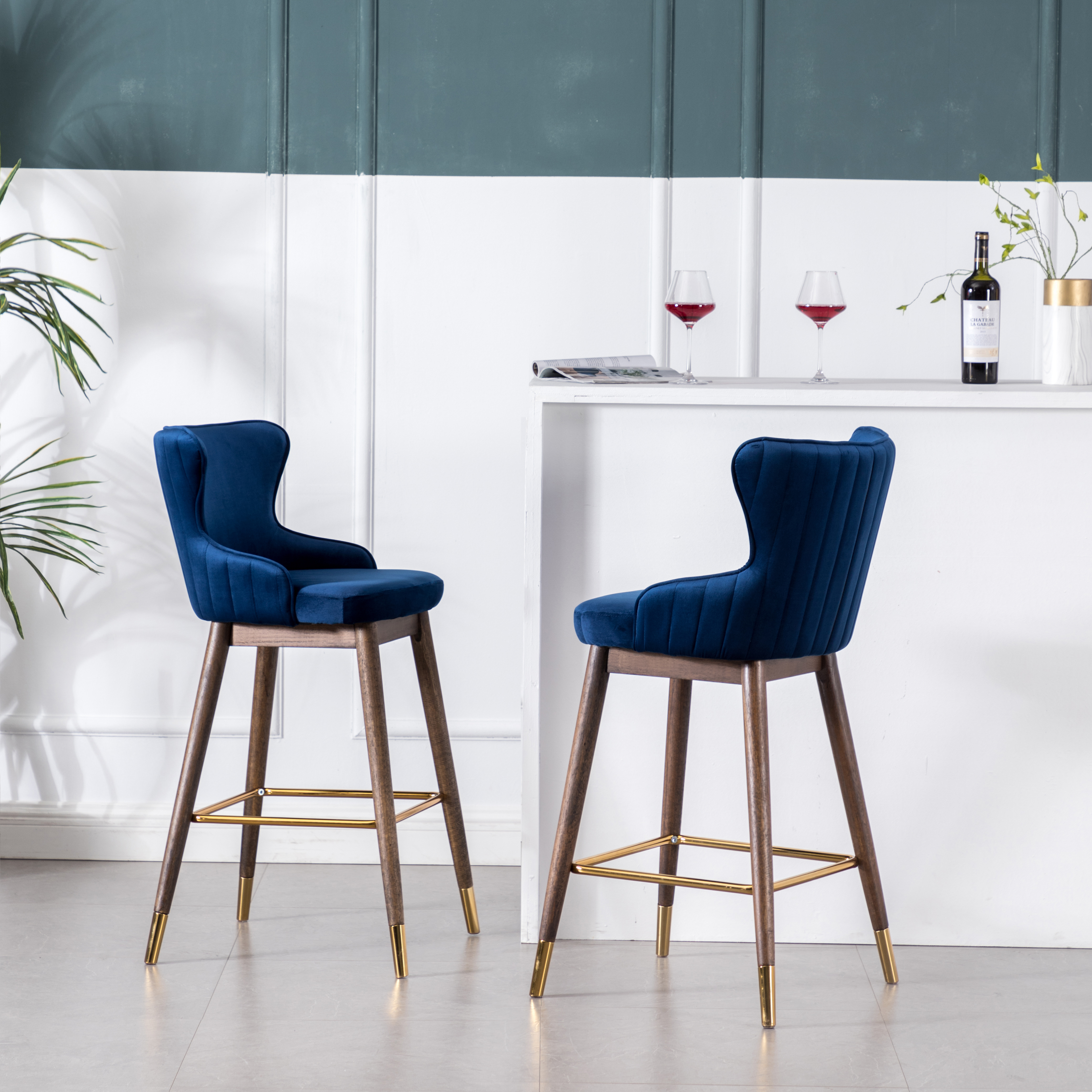 Leland Fabric Upholstered Wingback Bar Stools, Set of 2, Blue