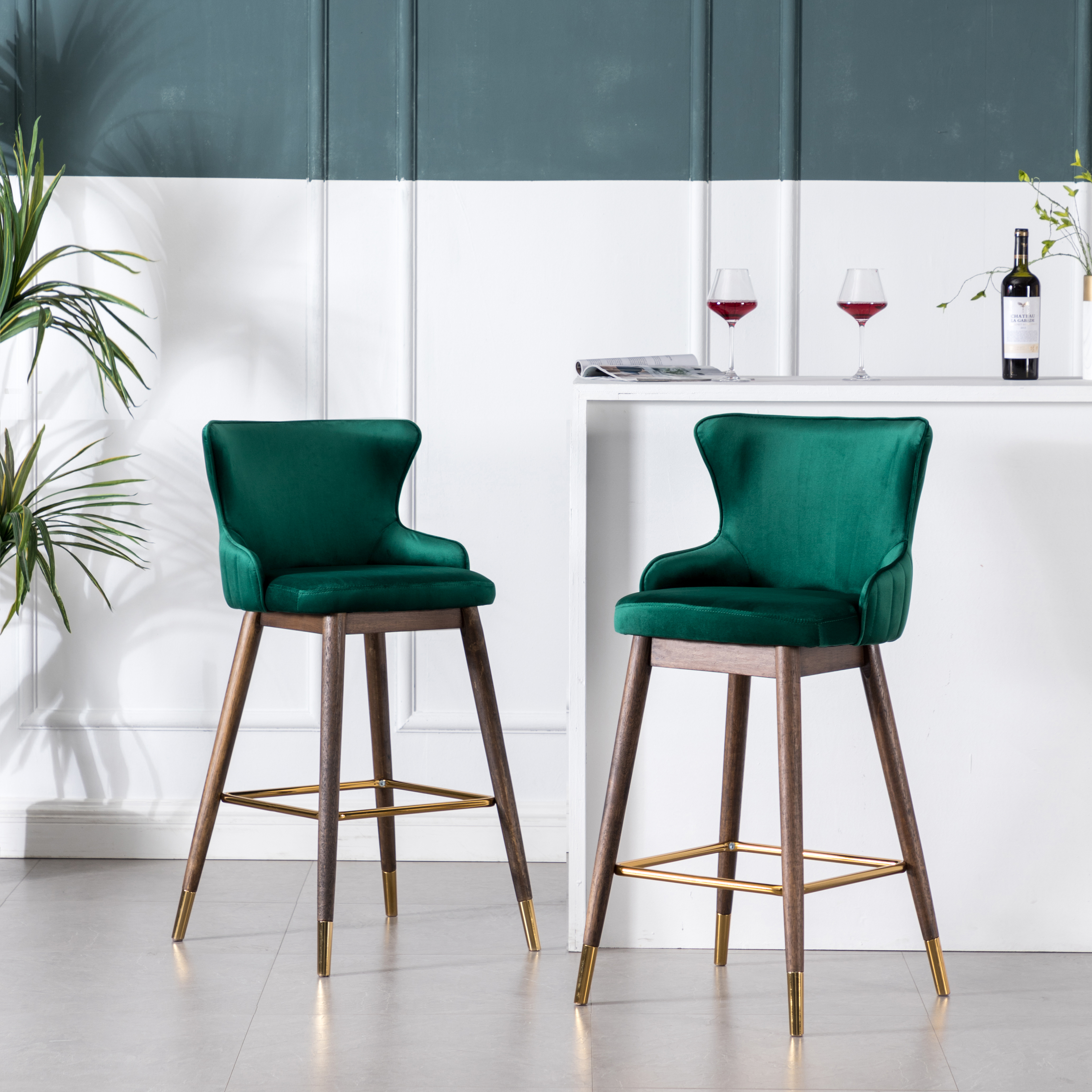 Leland Fabric Upholstered Wingback Bar Stools, Set of 2, Green