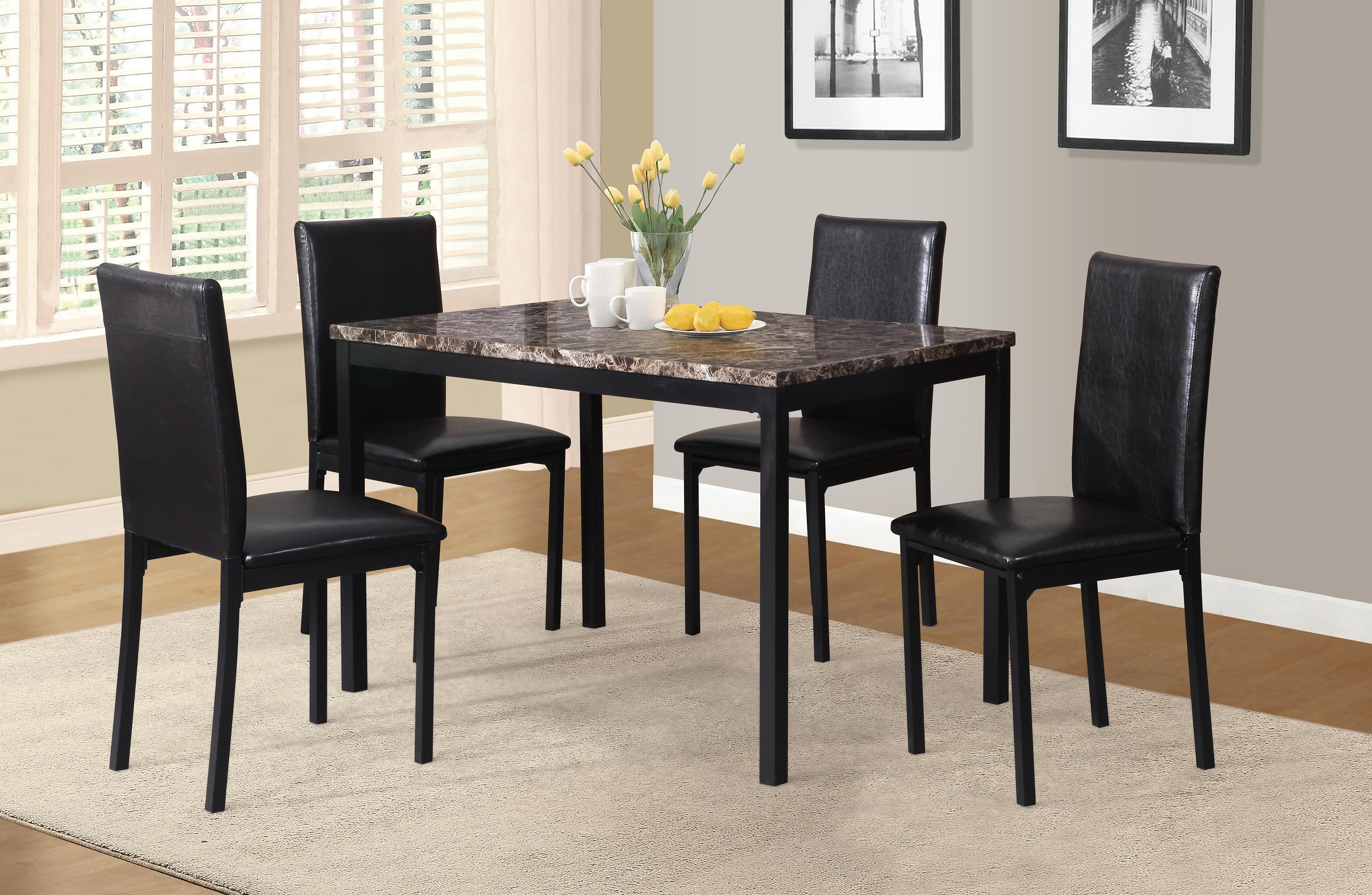 Noyes Metal Dining Table with Laminated Faux Marble Top, Black