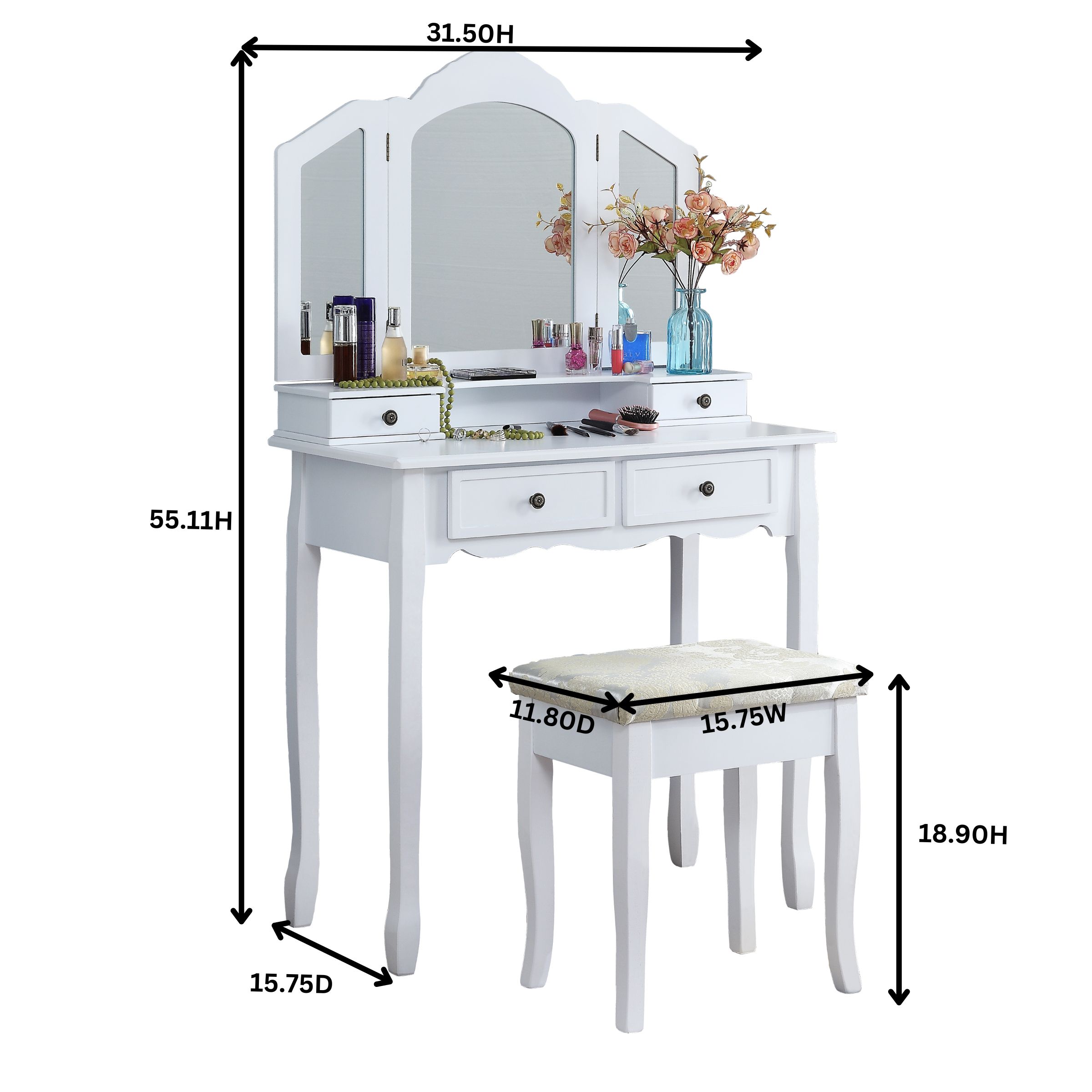 Sanlo Wooden Vanity Make Up Table and Stool Set, Silver