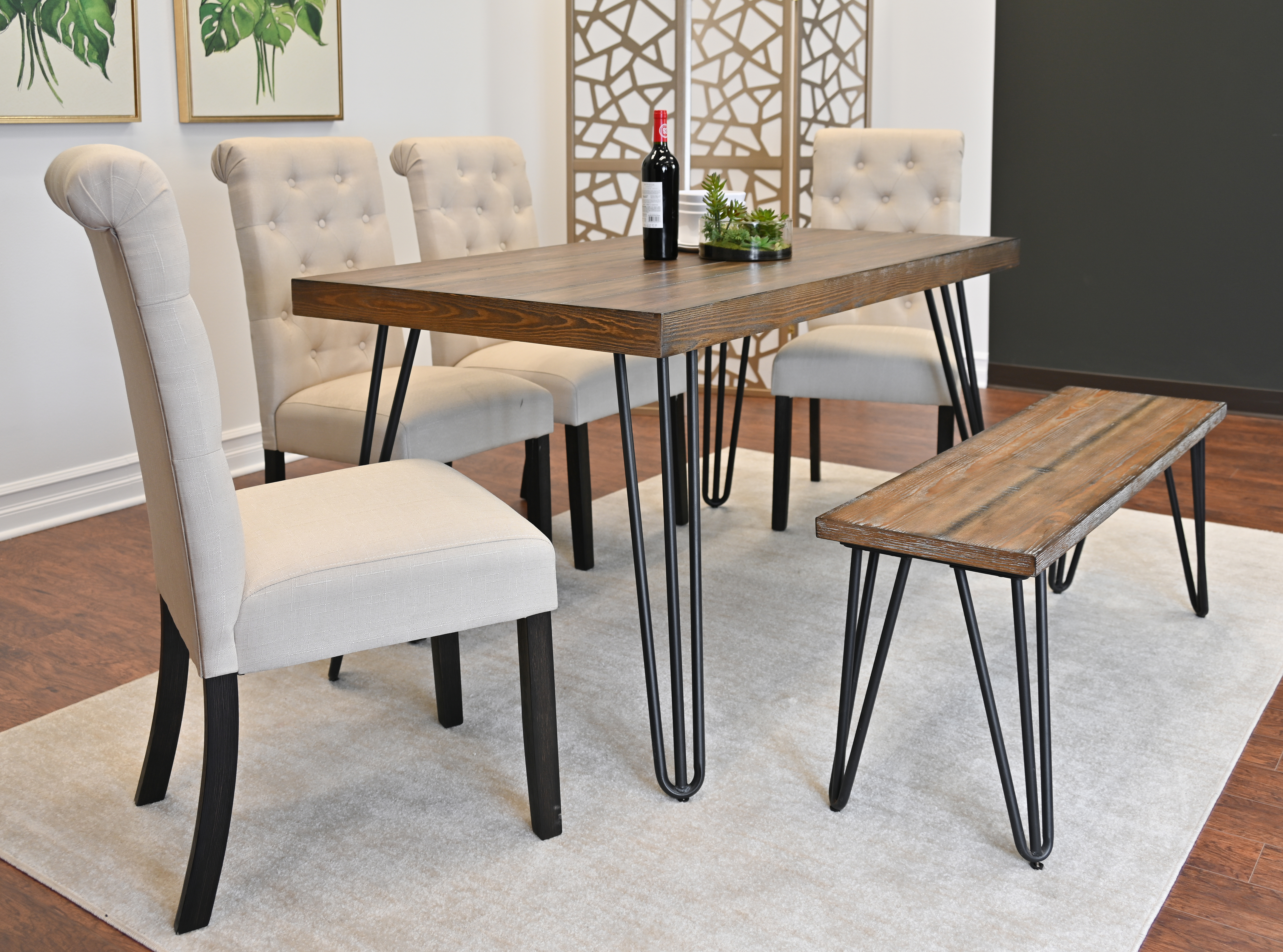 Ashford 6-Piece Dining Set, Hairpin Dining Table with 4 Chairs and Bench, 4 Color Options