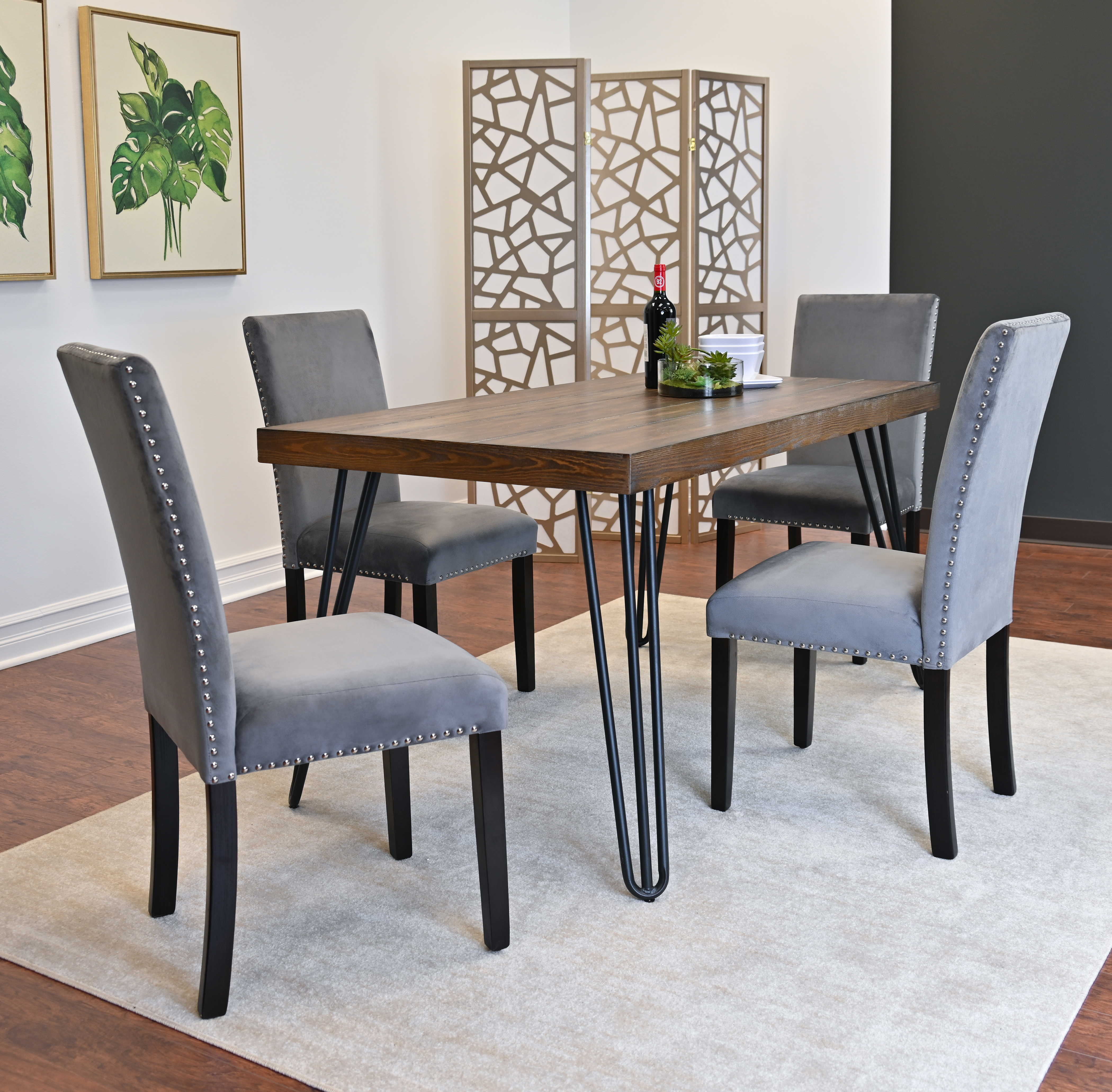 Ashzo 6-Piece Dining Set, Hairpin Dining Table with 4 Chairs and Bench, 3 Color Options