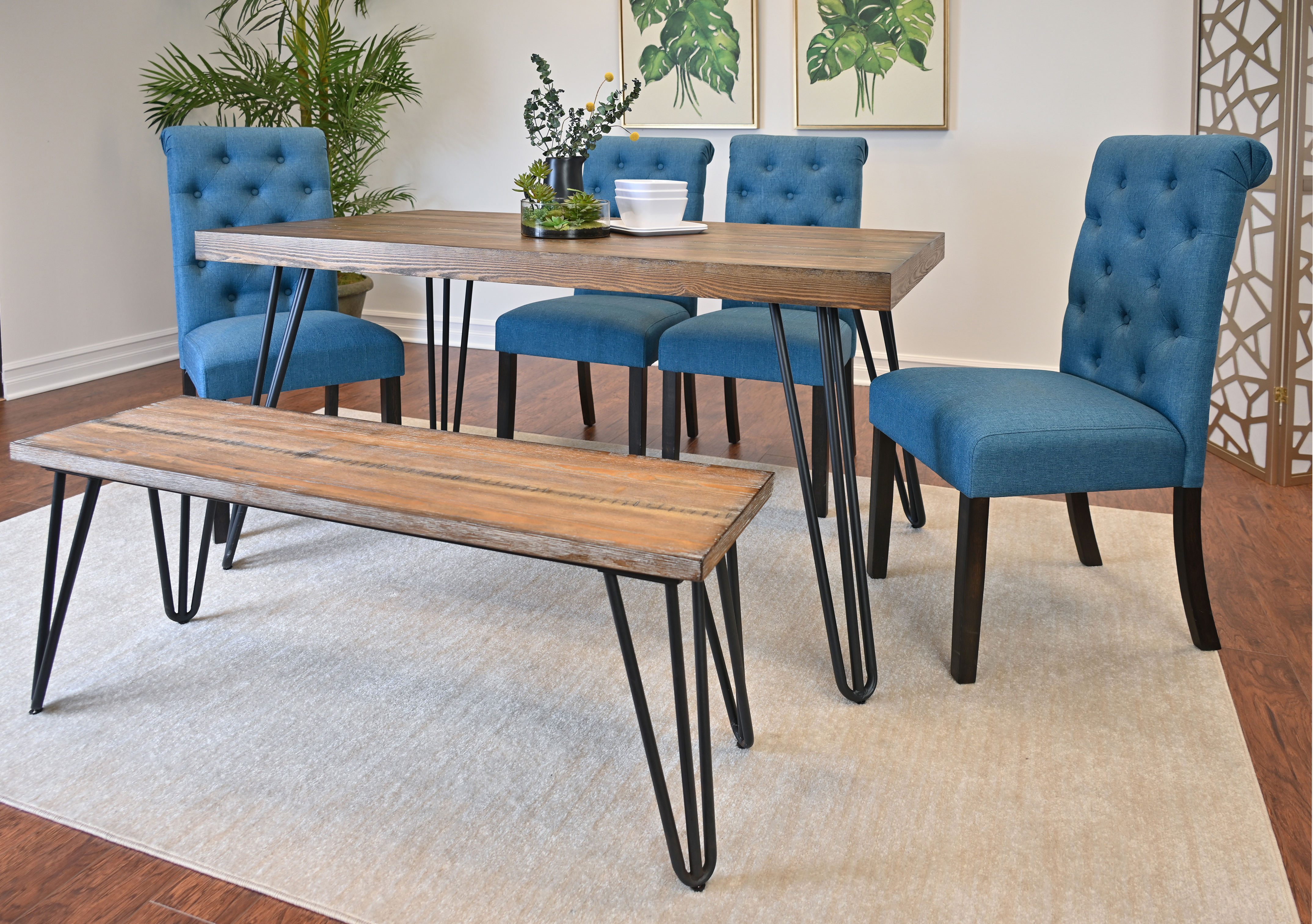 Ashford 6-Piece Dining Set, Hairpin Dining Table with 4 Chairs and Bench, 4 Color Options