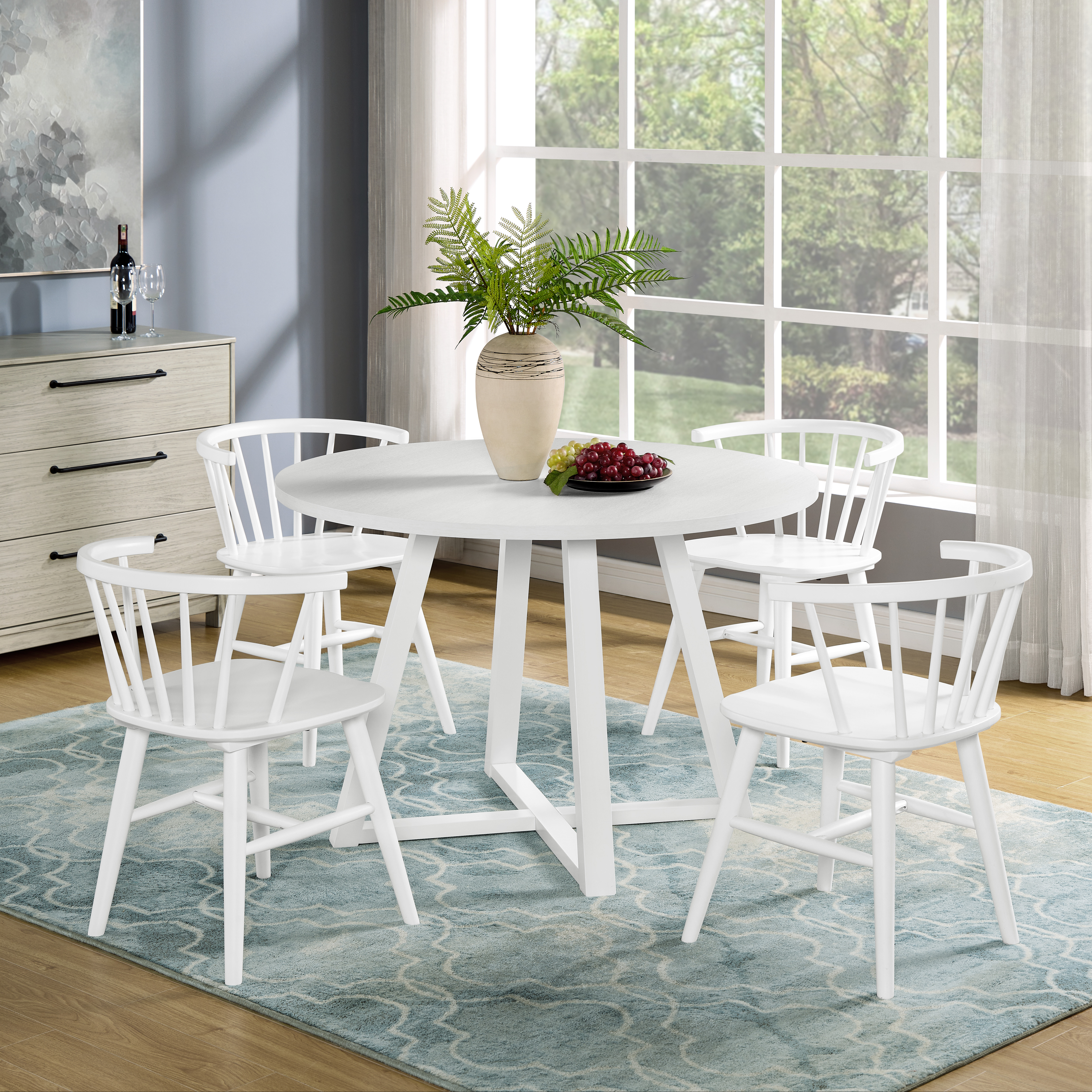 Edo White Wood 5-Piece Dining Set, Trestle Dining Table with 4 Windsor Chairs