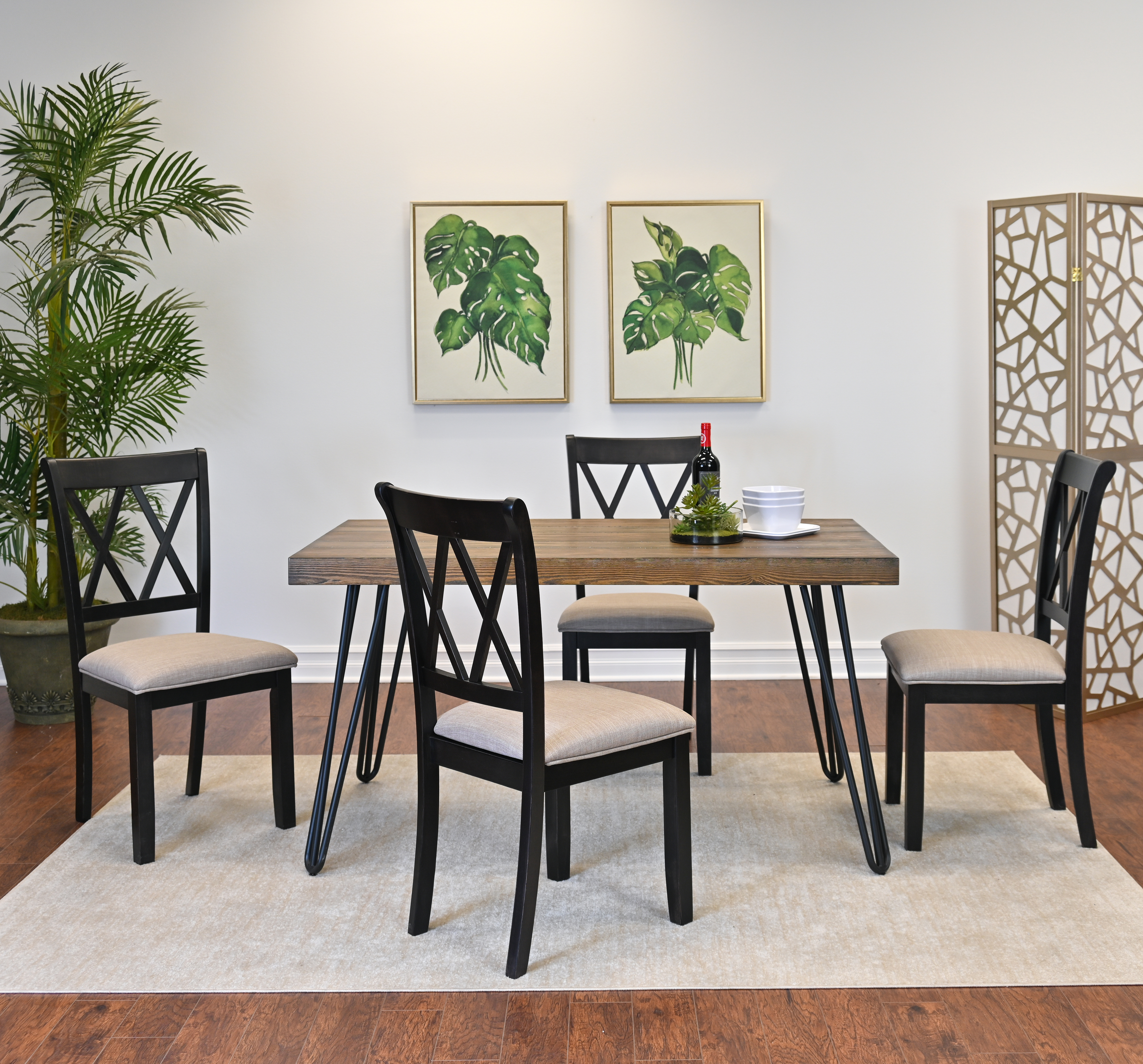 Arroyo 6-Piece Dining Set, Hairpin Dining Table with 4 Cross-back Chairs and Bench, Rich Black