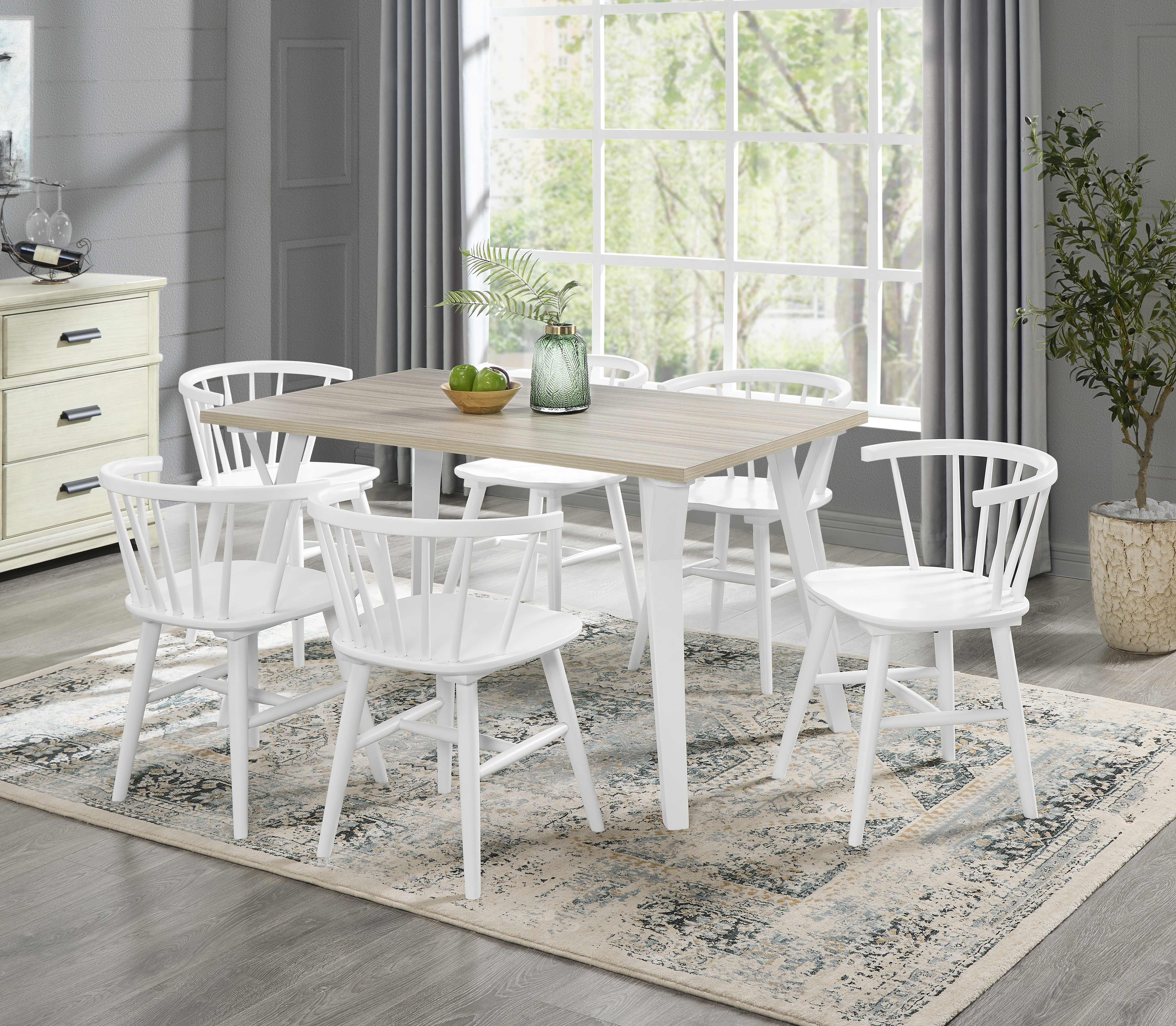 Alwynn White and Natural Wood 7-piece Dining Set, Dining Table with 6 Stylish Windsor Chairs