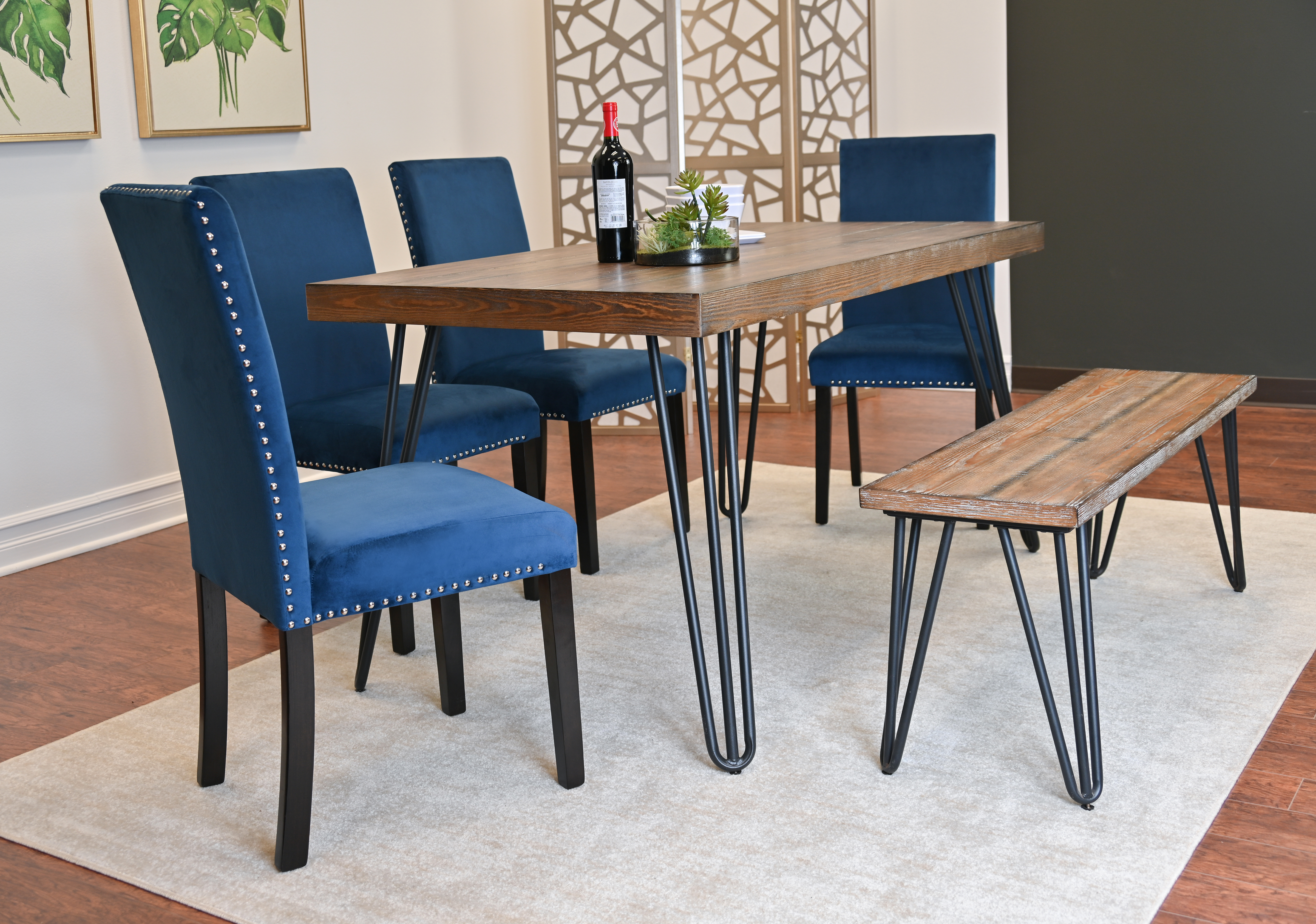 Ashzo 6-Piece Dining Set, Hairpin Dining Table with 4 Chairs and Bench, 3 Color Options