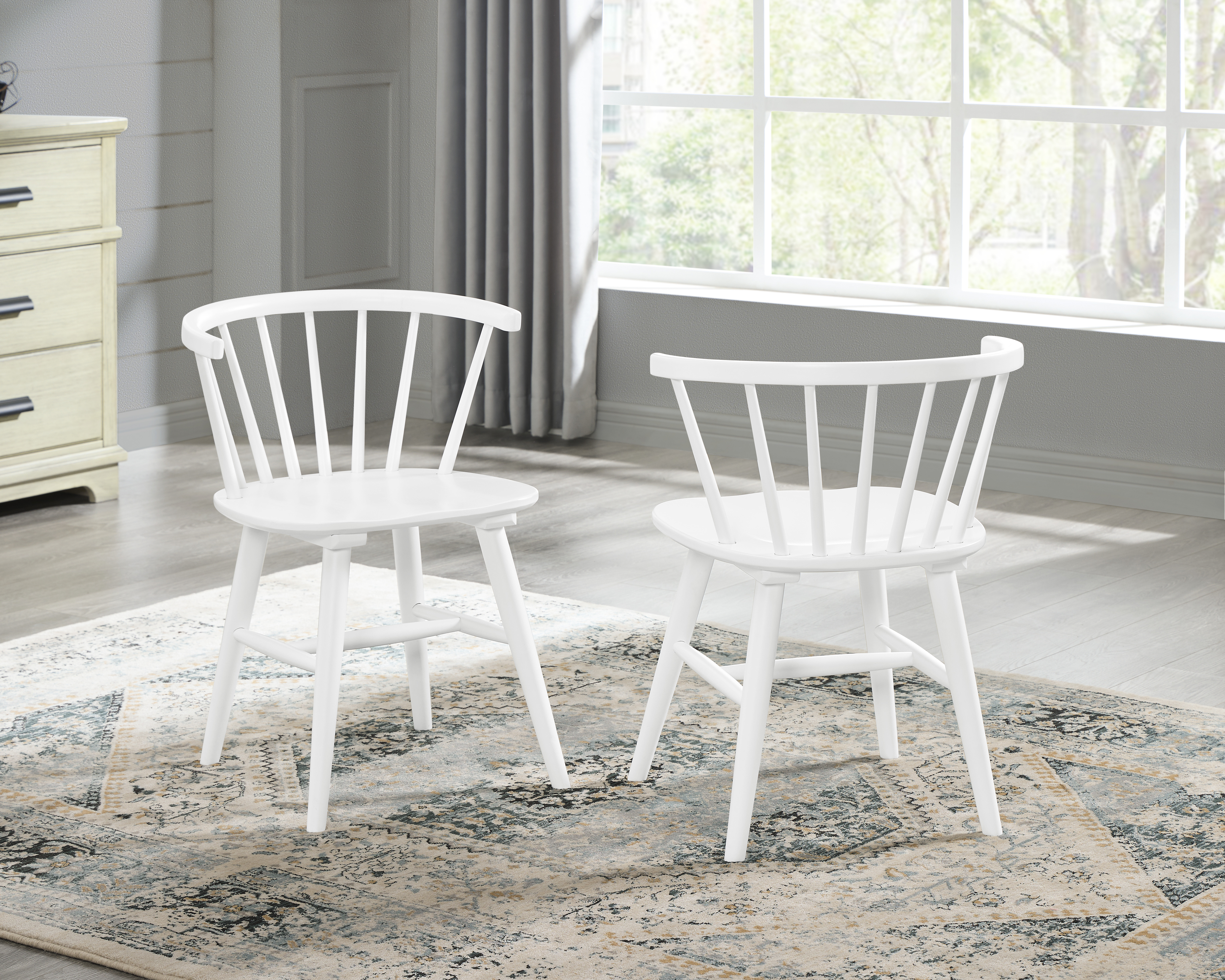 Alwynn White and Natural Wood 7-piece Dining Set, Dining Table with 6 Stylish Windsor Chairs