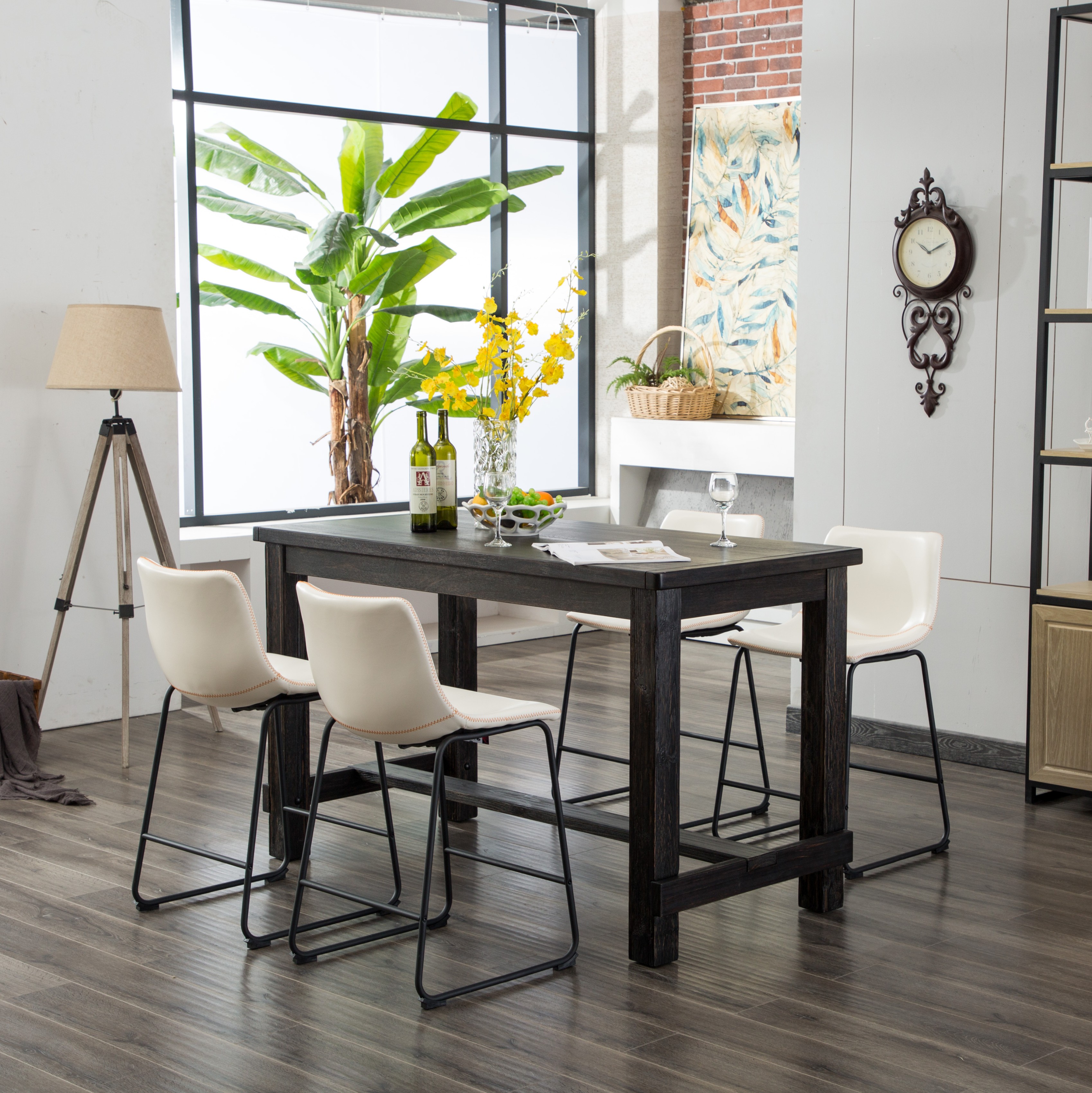 Bronco Antique Wood Finished Counter Height Dining Set: Table and Four White Chairs