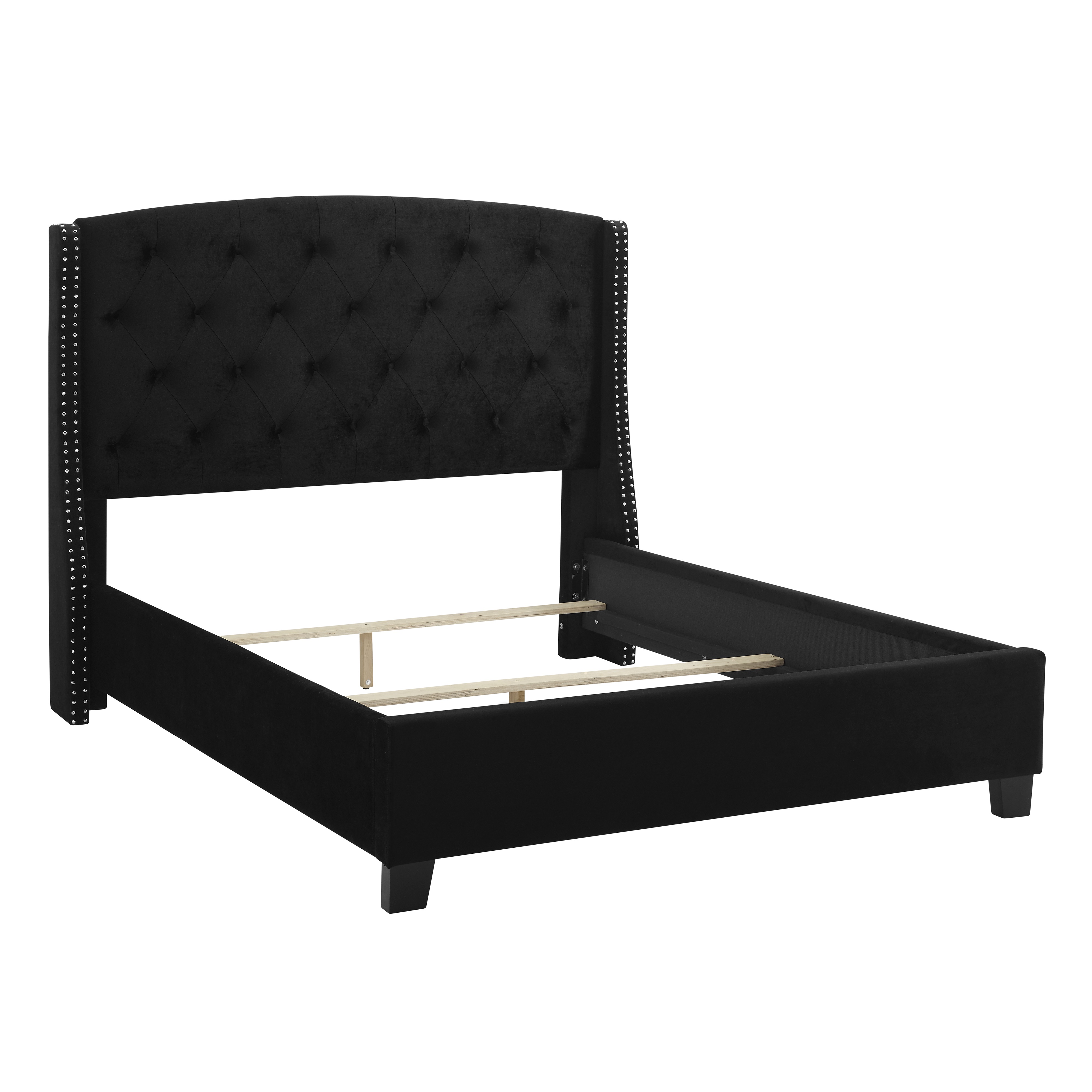 Summit Wingback Tufted Upholstered Bed with Nailhead, Black