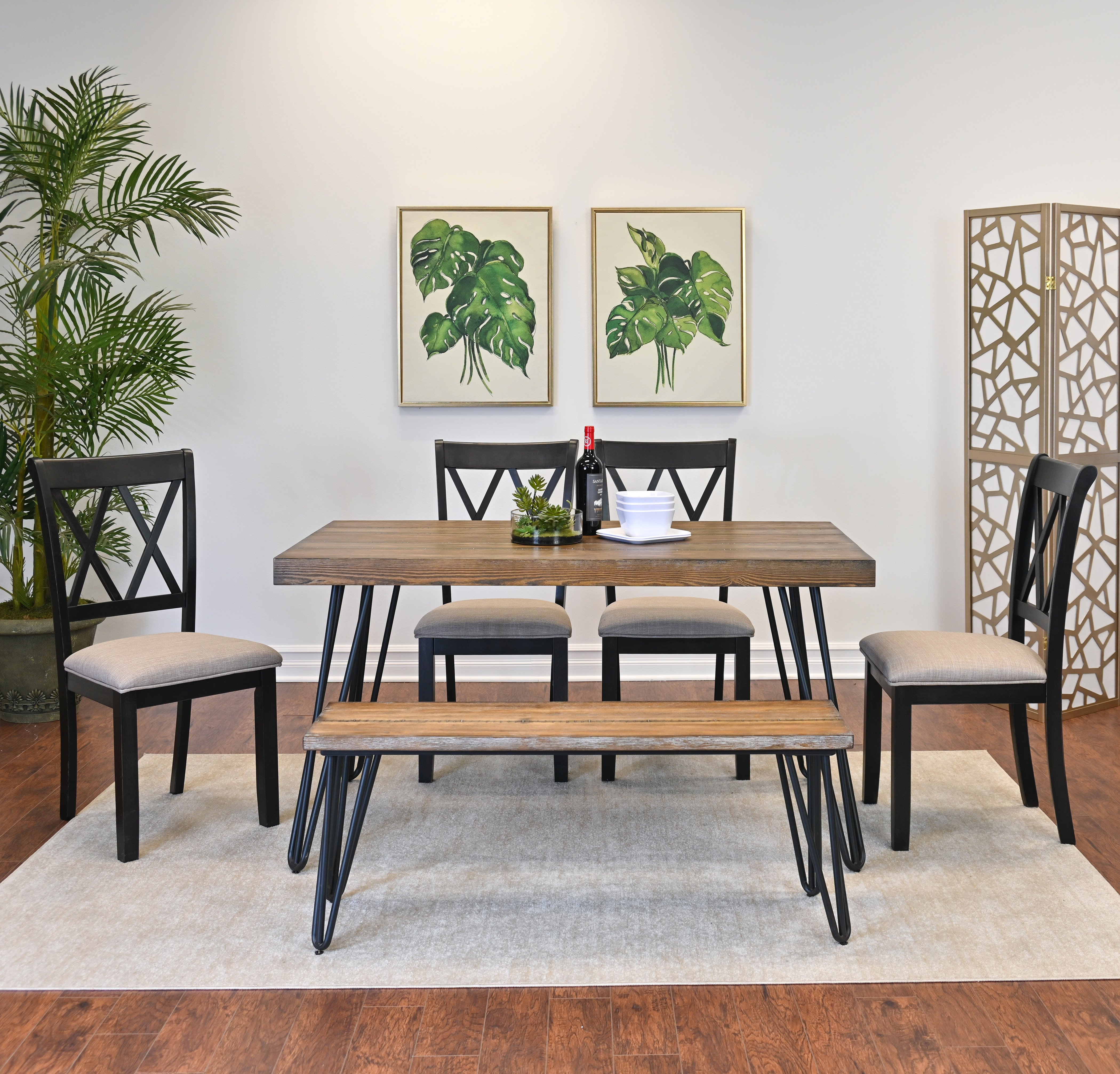 Arroyo 6-Piece Dining Set, Hairpin Dining Table with 4 Cross-back Chairs and Bench, Rich Black