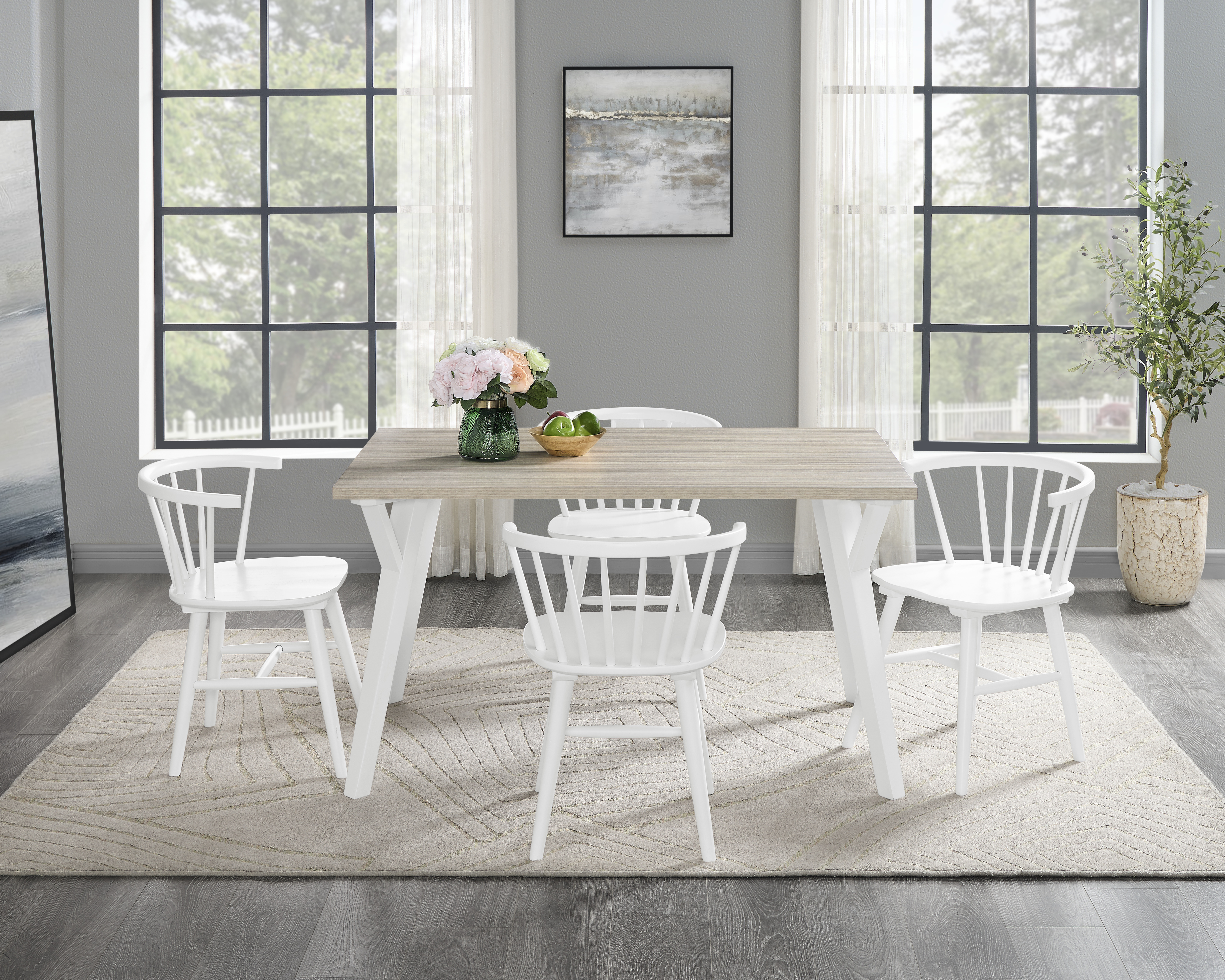 Roundhill Alwynn White and Natural Wood 5-piece Dining Set, Dining Table with 4 Windsor Chairs