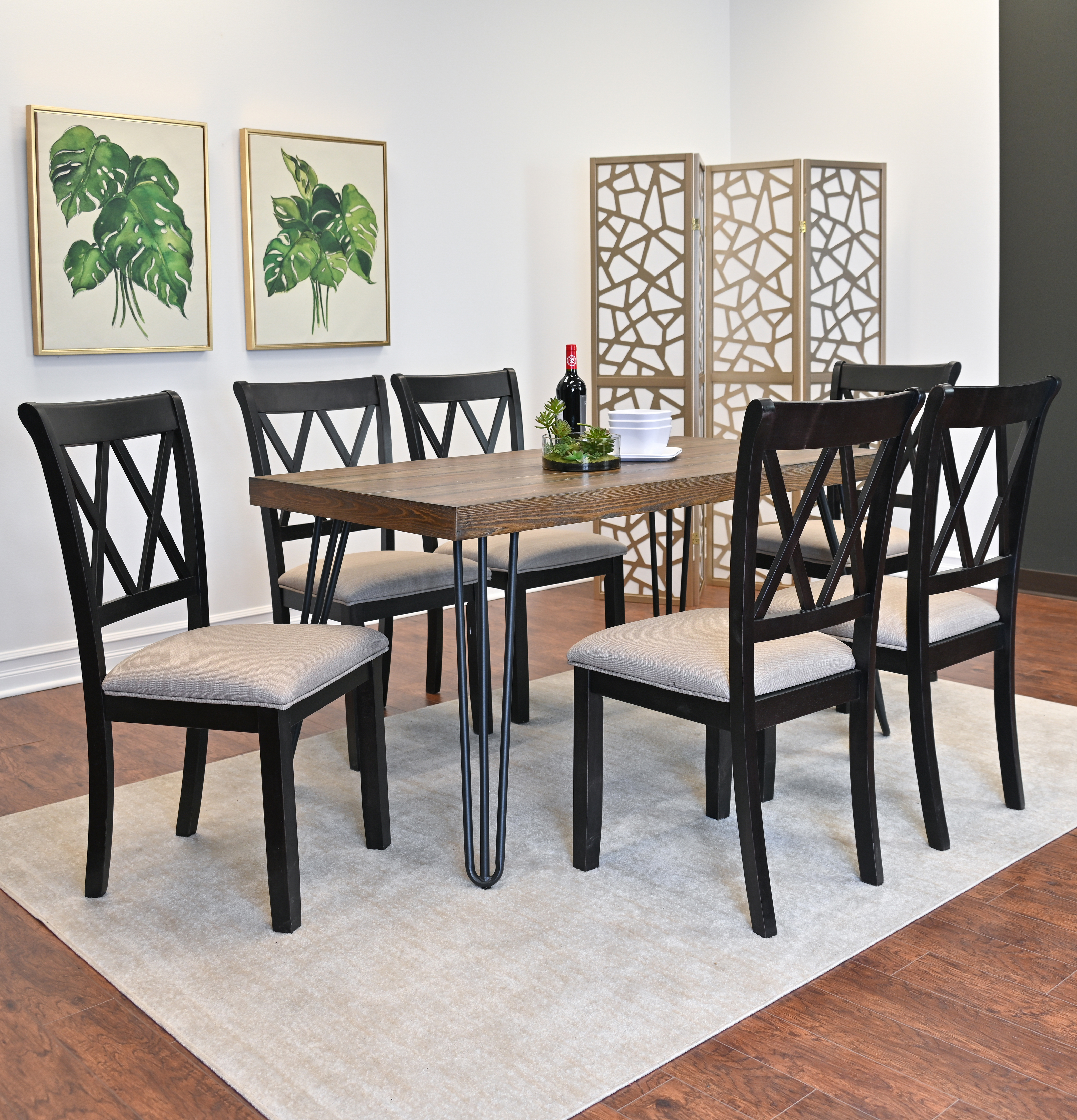 Arroyo 7-Piece Dining Set, Hairpin Dining Table with 6 Cross-back Chairs, Rich Black