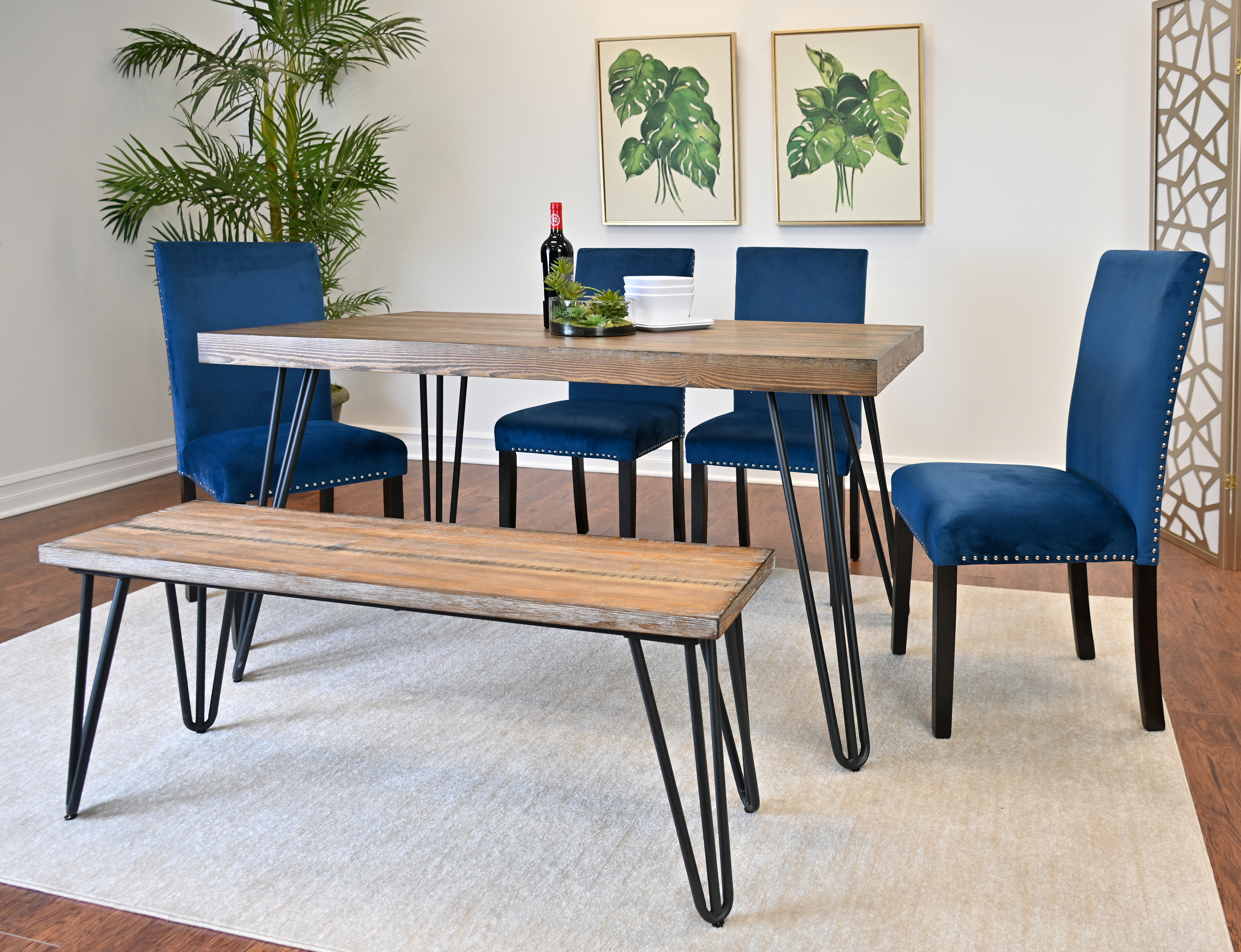 Ashzo 6-Piece Dining Set, Hairpin Dining Table with 4 Chairs and Bench, 3 Color Options