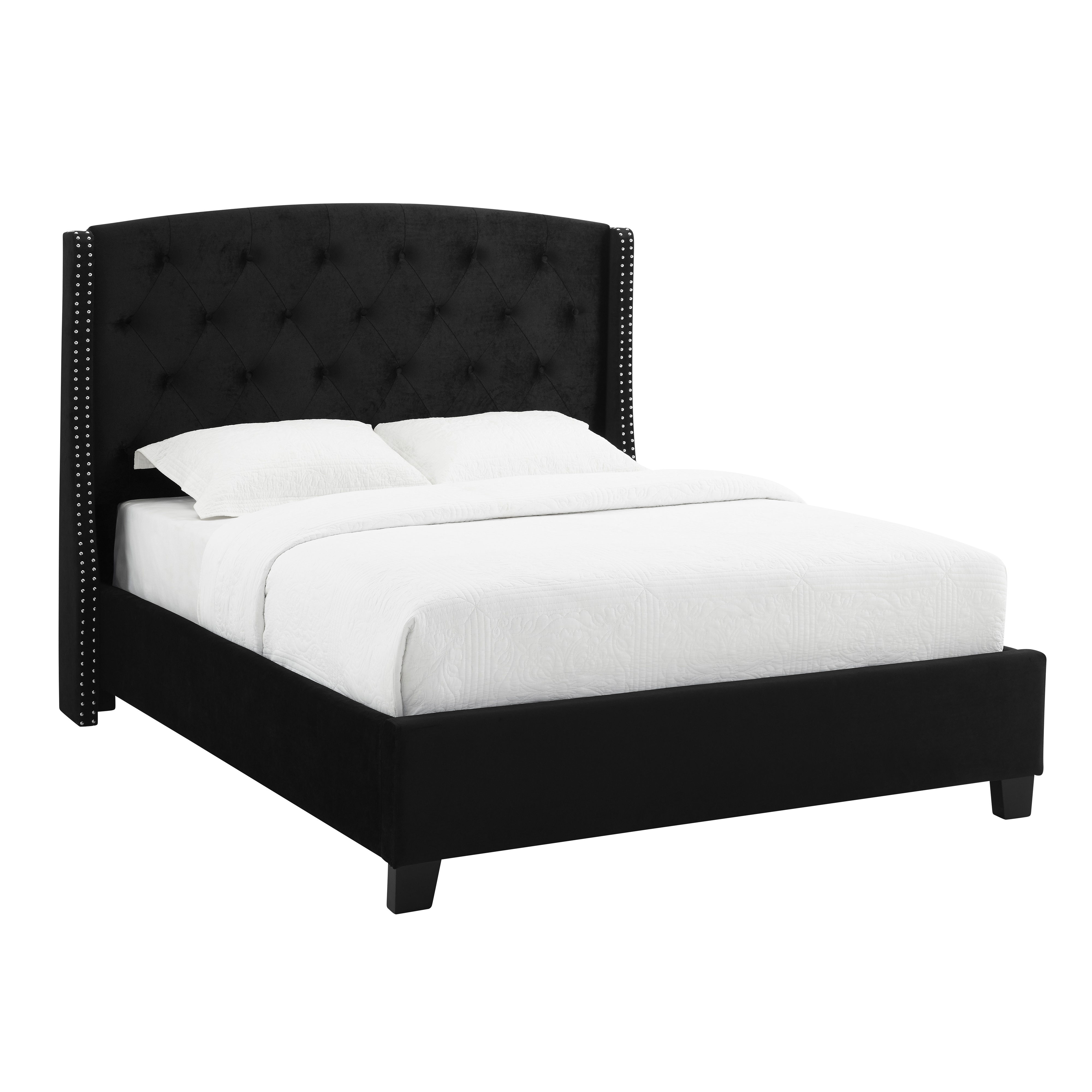 Summit Wingback Tufted Upholstered Bed with Nailhead, Black