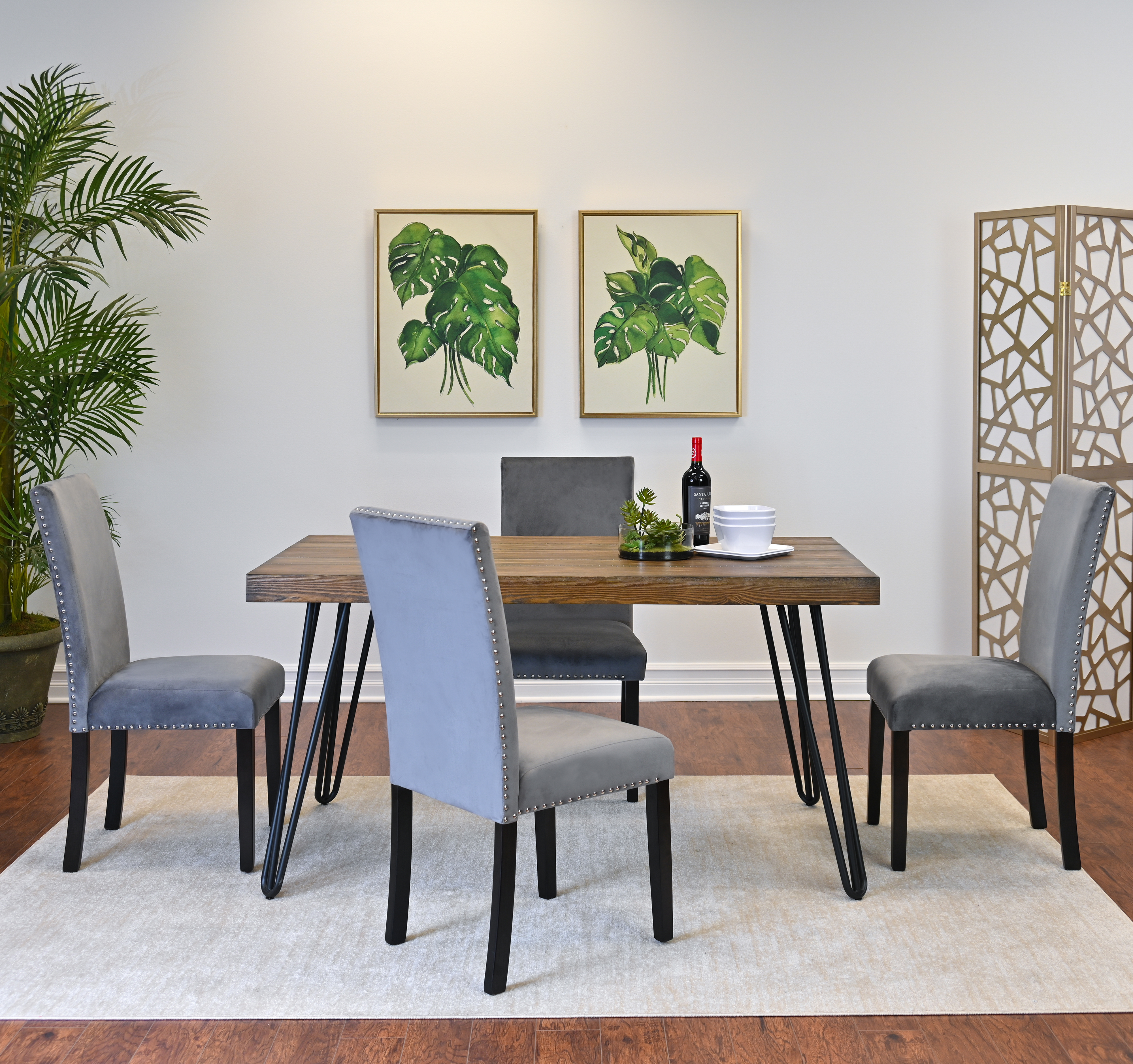 Ashzo 6-Piece Dining Set, Hairpin Dining Table with 4 Chairs and Bench, 3 Color Options