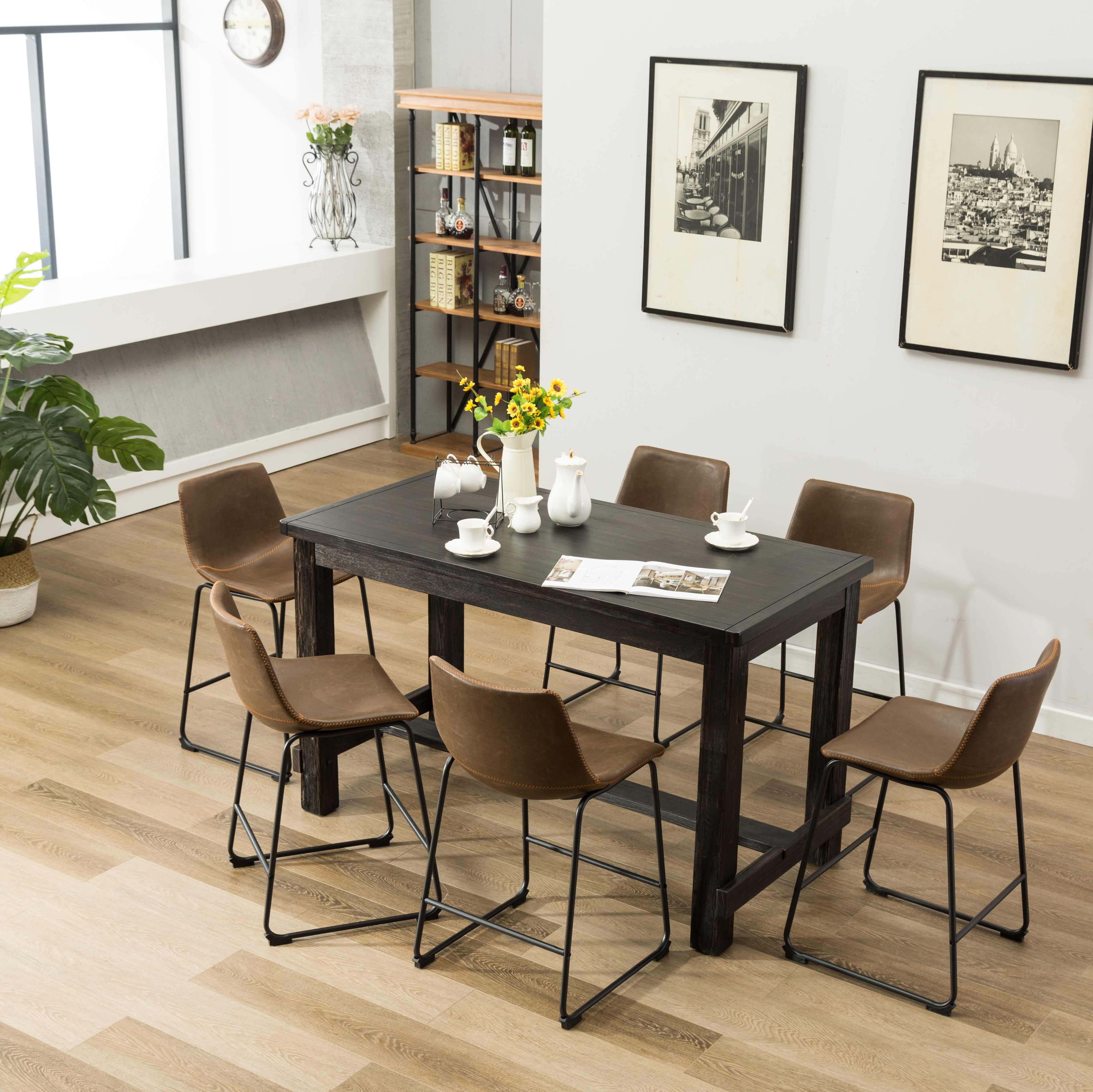 Bronco Antique Wood Finished Counter Height Dining Set: Table and Six Brown Chairs