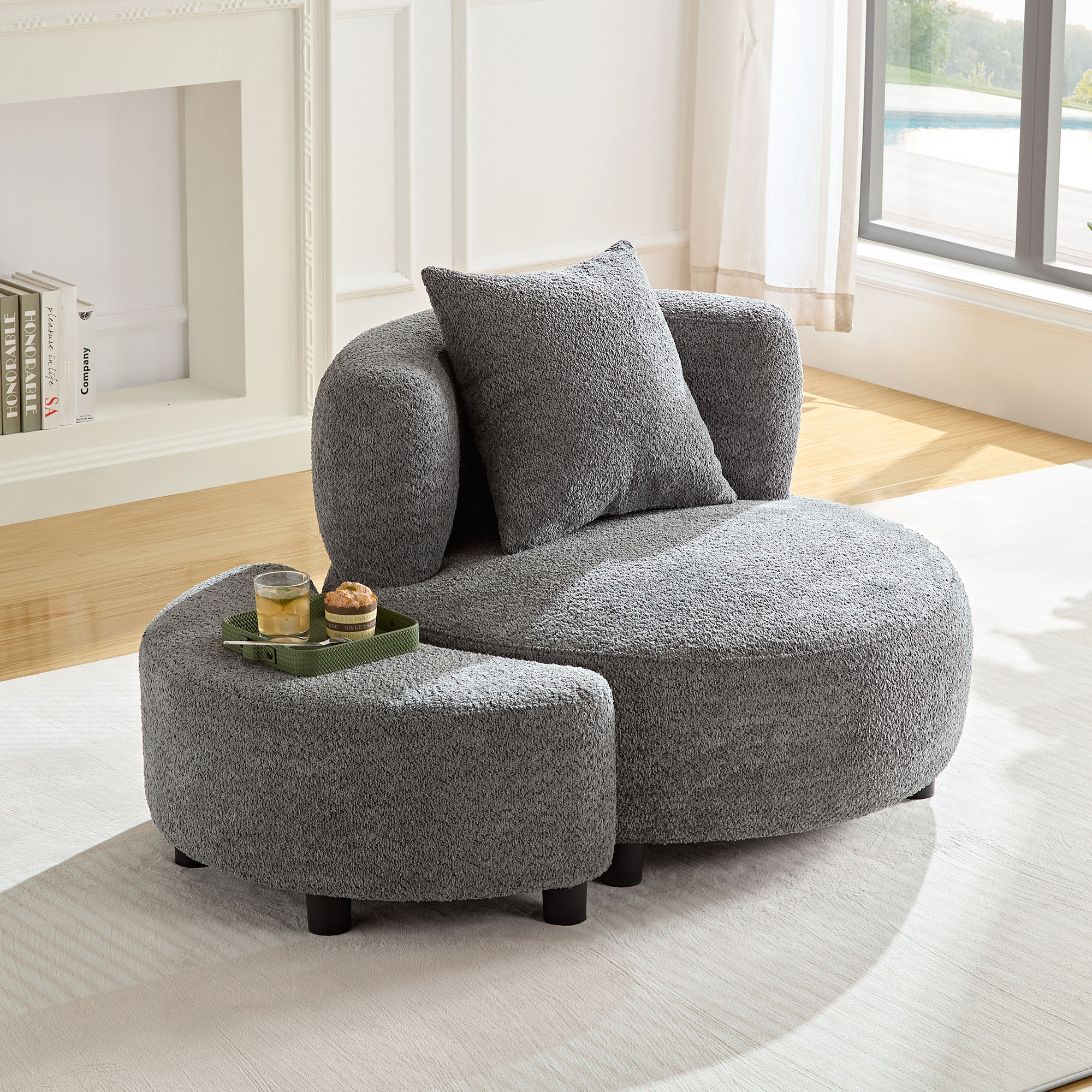 Modern Chair, Single Teddy Fabric Sofa Chair with Ottoman,SideTable, Foot Rest Comfy Chair for Living Room Bedroom and Office,Grey