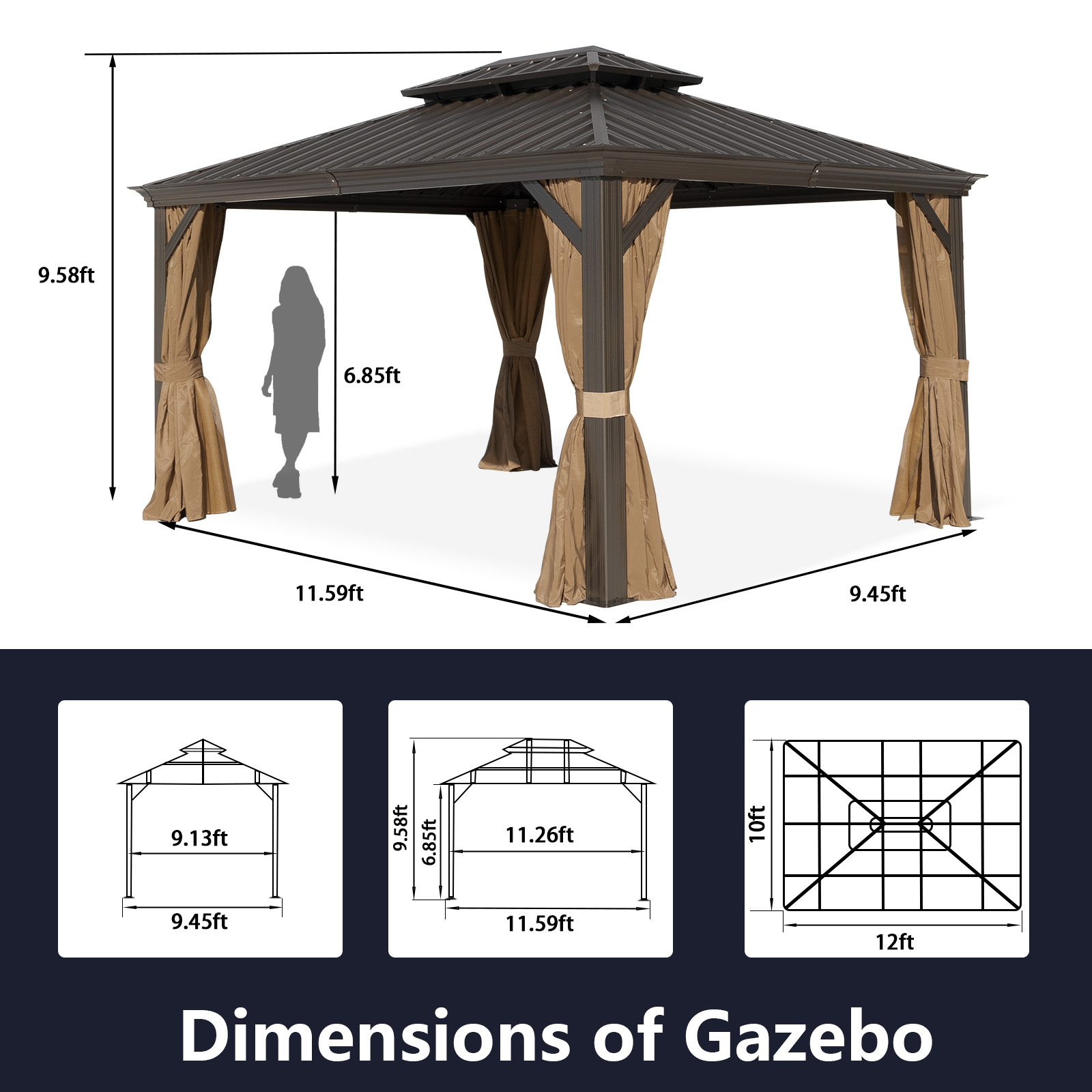 10x12ft Hardtop Gazebo with Netting & Curtain, Brown