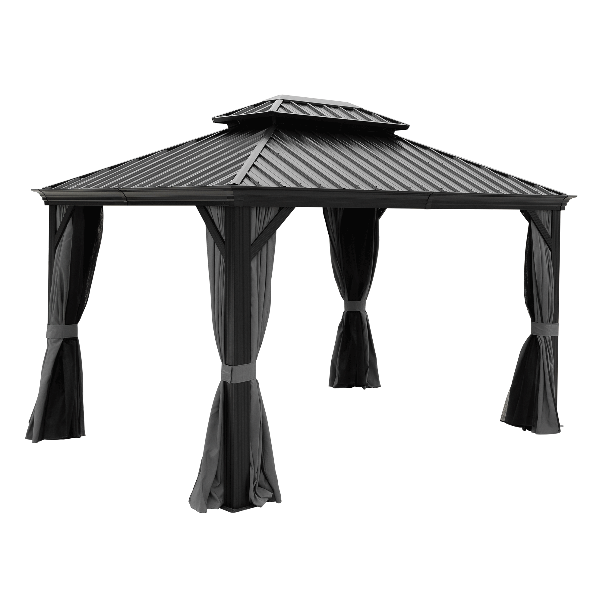 10x12ft Hardtop Gazebo with Netting & Curtain, Black