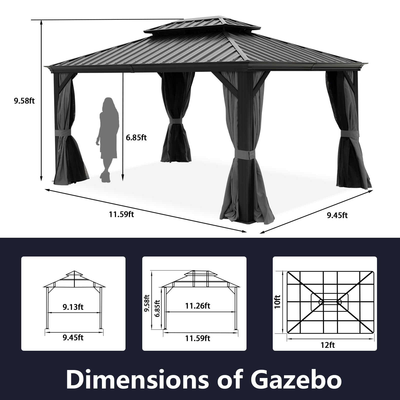 10x12ft Hardtop Gazebo with Netting & Curtain, Black