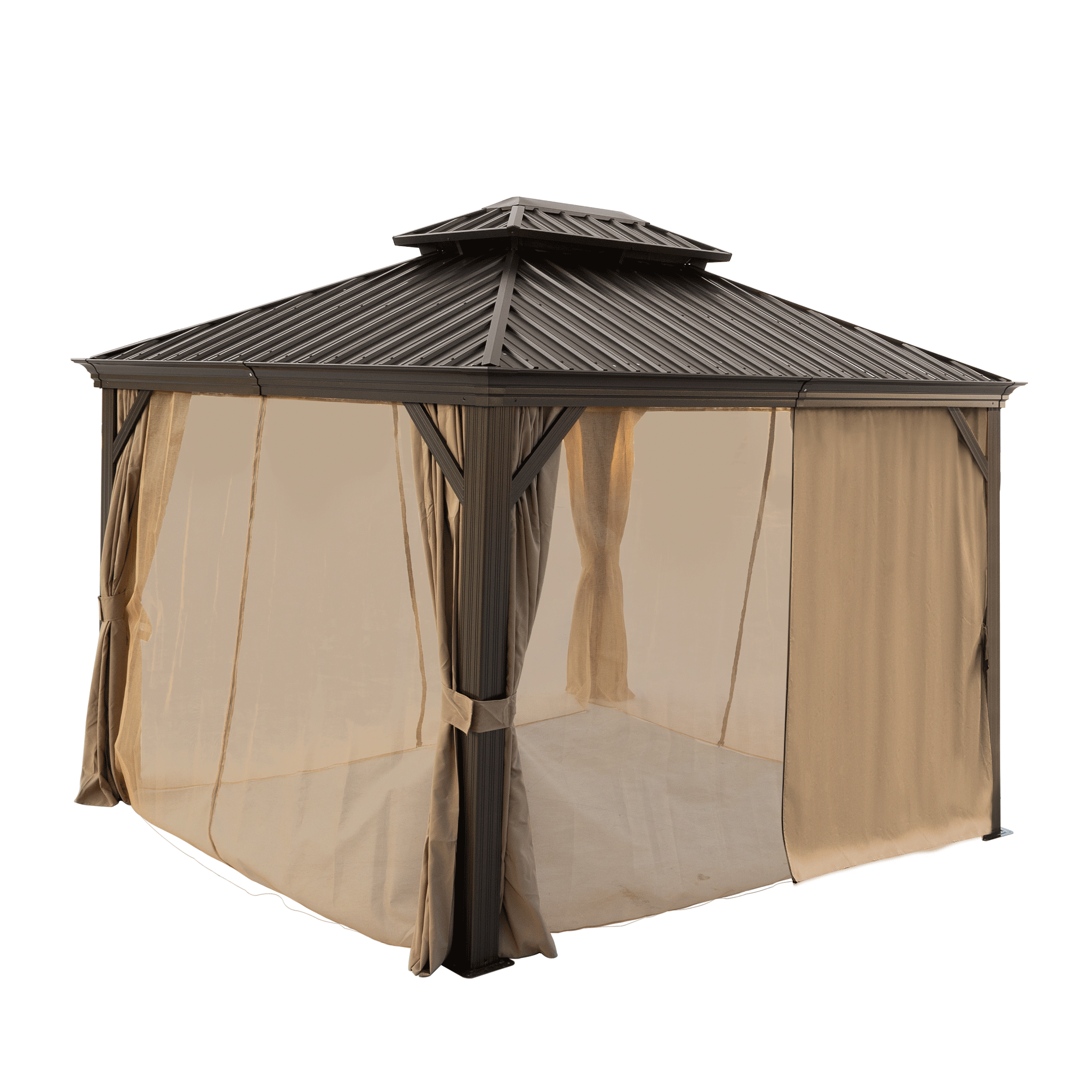 10x12ft Hardtop Gazebo with Netting & Curtain, Brown