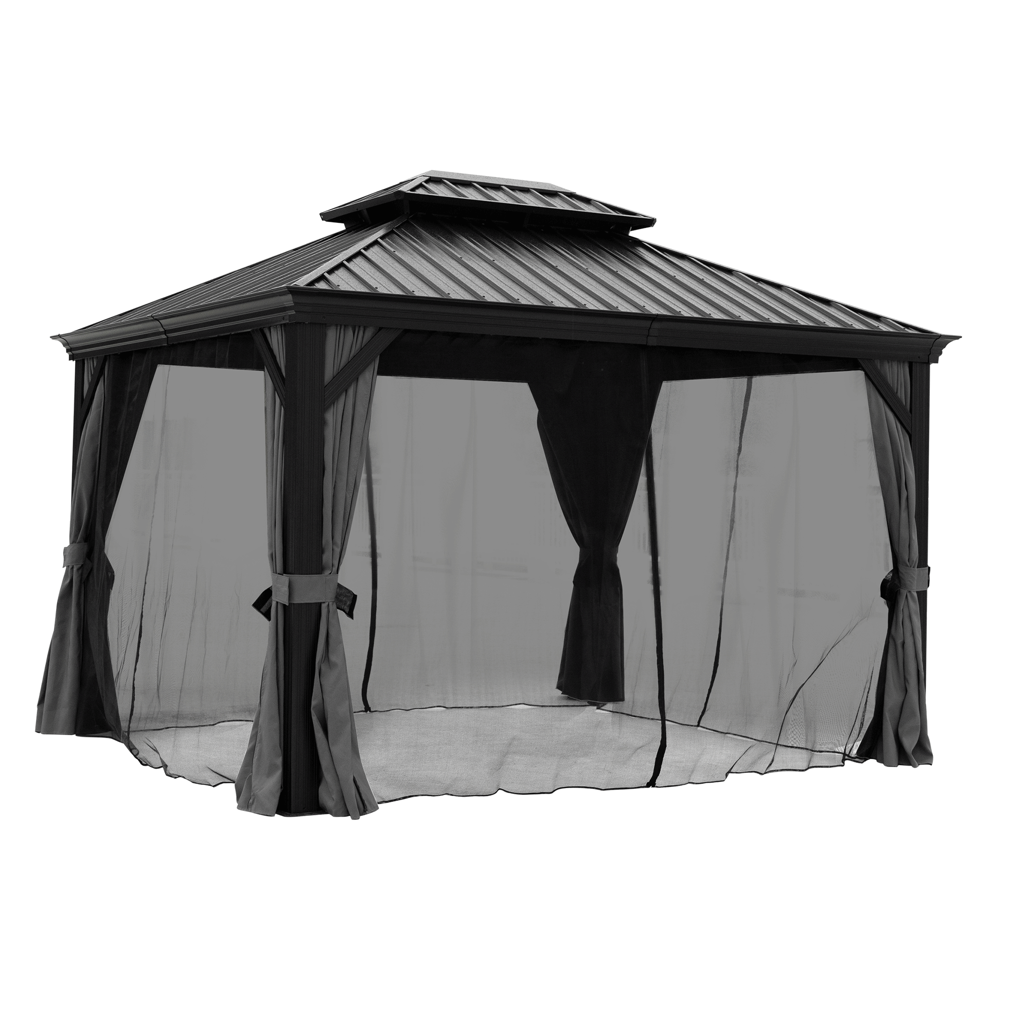 10x12ft Hardtop Gazebo with Netting & Curtain, Black