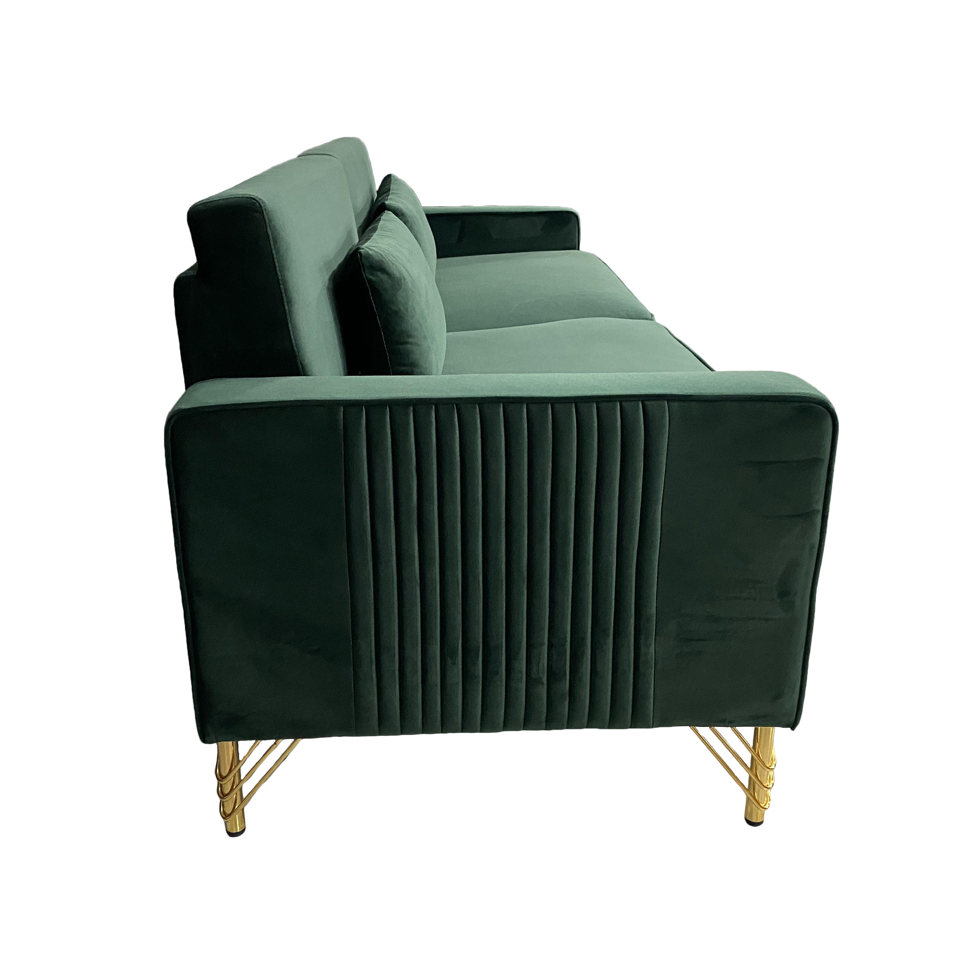 FX-P18-RG2(SOFA) Luxury Emerald Green Velvet Sofa with Gold Accents - Modern 3-Seat Couch with Plush Cushions, Perfect for Living Room and Office Decor