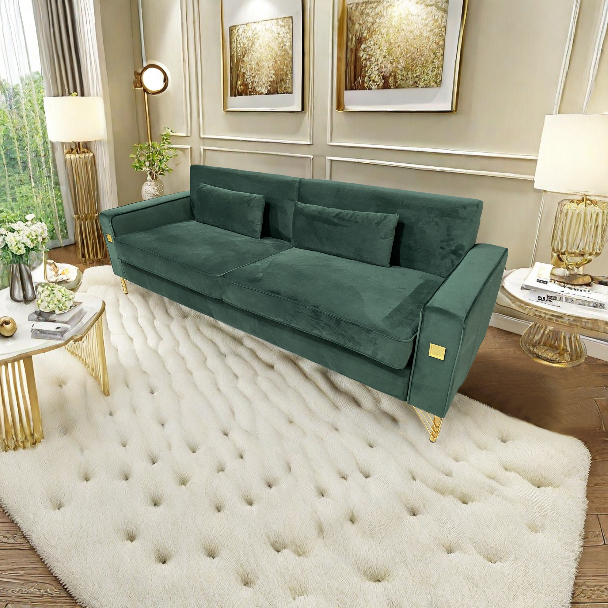 FX-P18-RG2(SOFA) Luxury Emerald Green Velvet Sofa with Gold Accents - Modern 3-Seat Couch with Plush Cushions, Perfect for Living Room and Office Decor